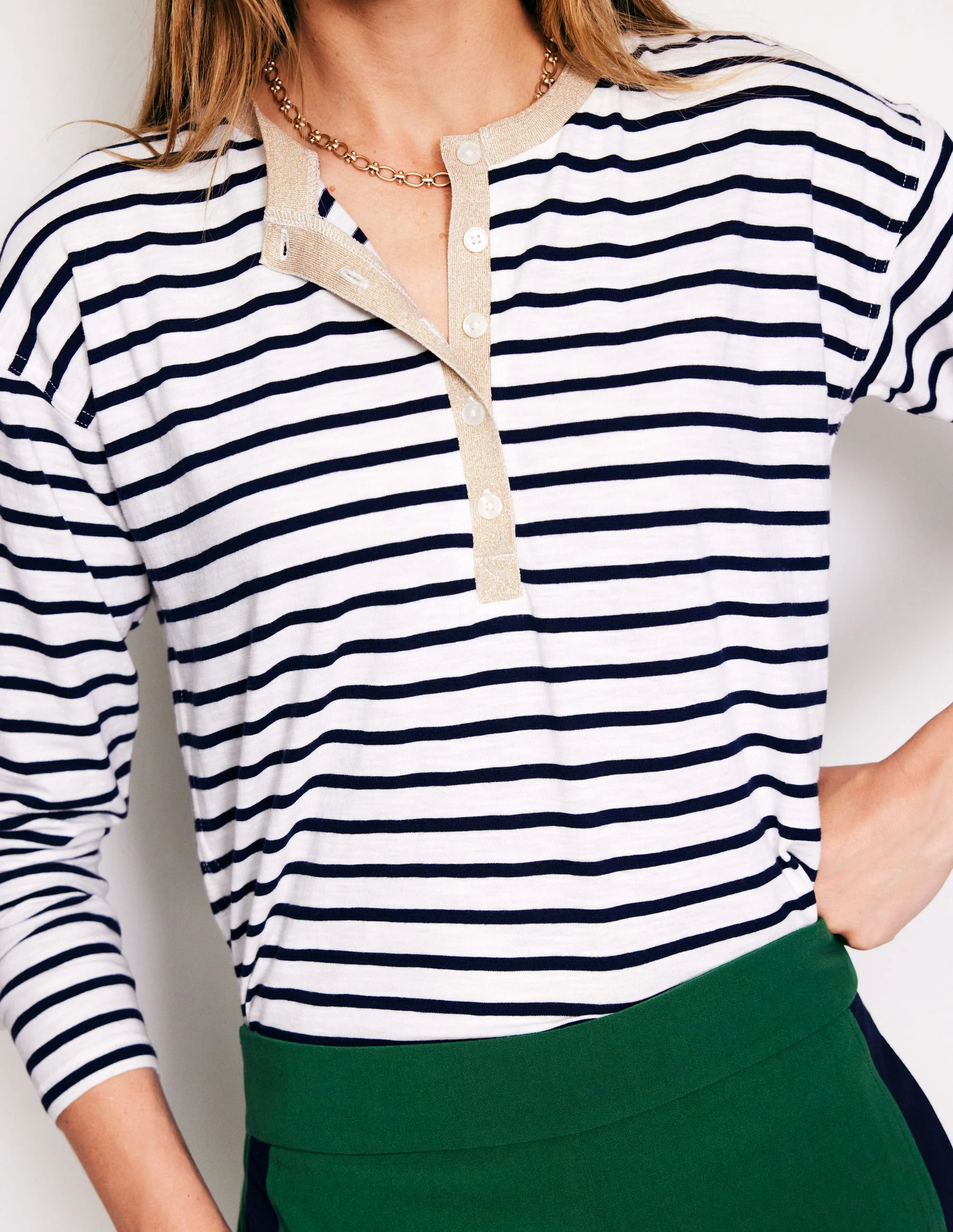 Metallic Trim Henley Top-Ivory, Navy Stripe - Image 2