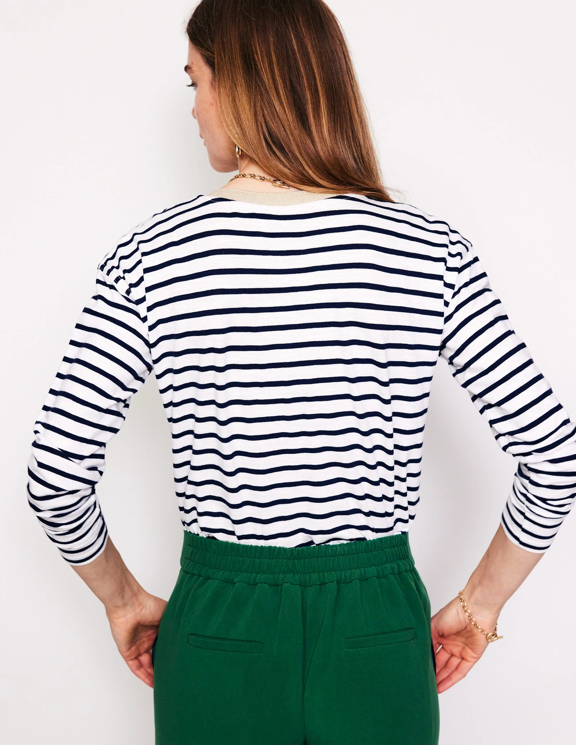 Metallic Trim Henley Top-Ivory, Navy Stripe - Image 3