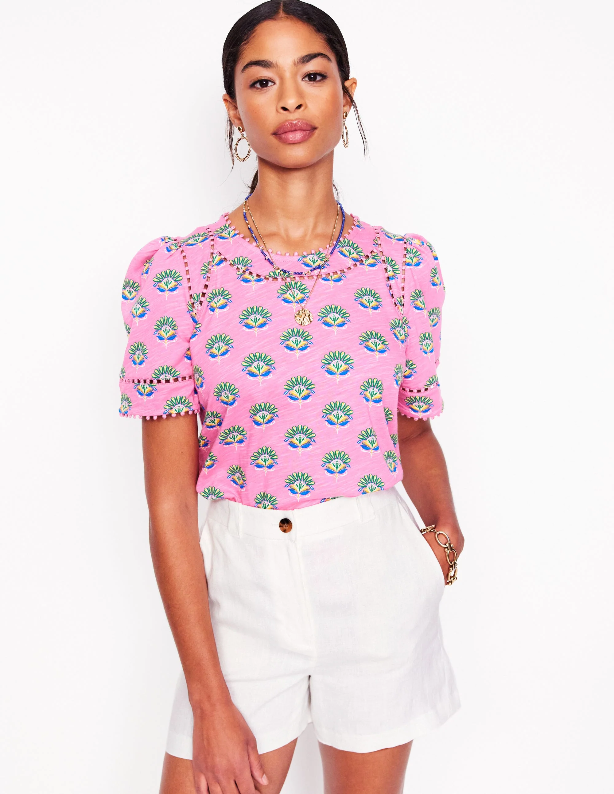 Mila Trim Detail Top-Pink, Ornamental Floral Sprig - Image 2