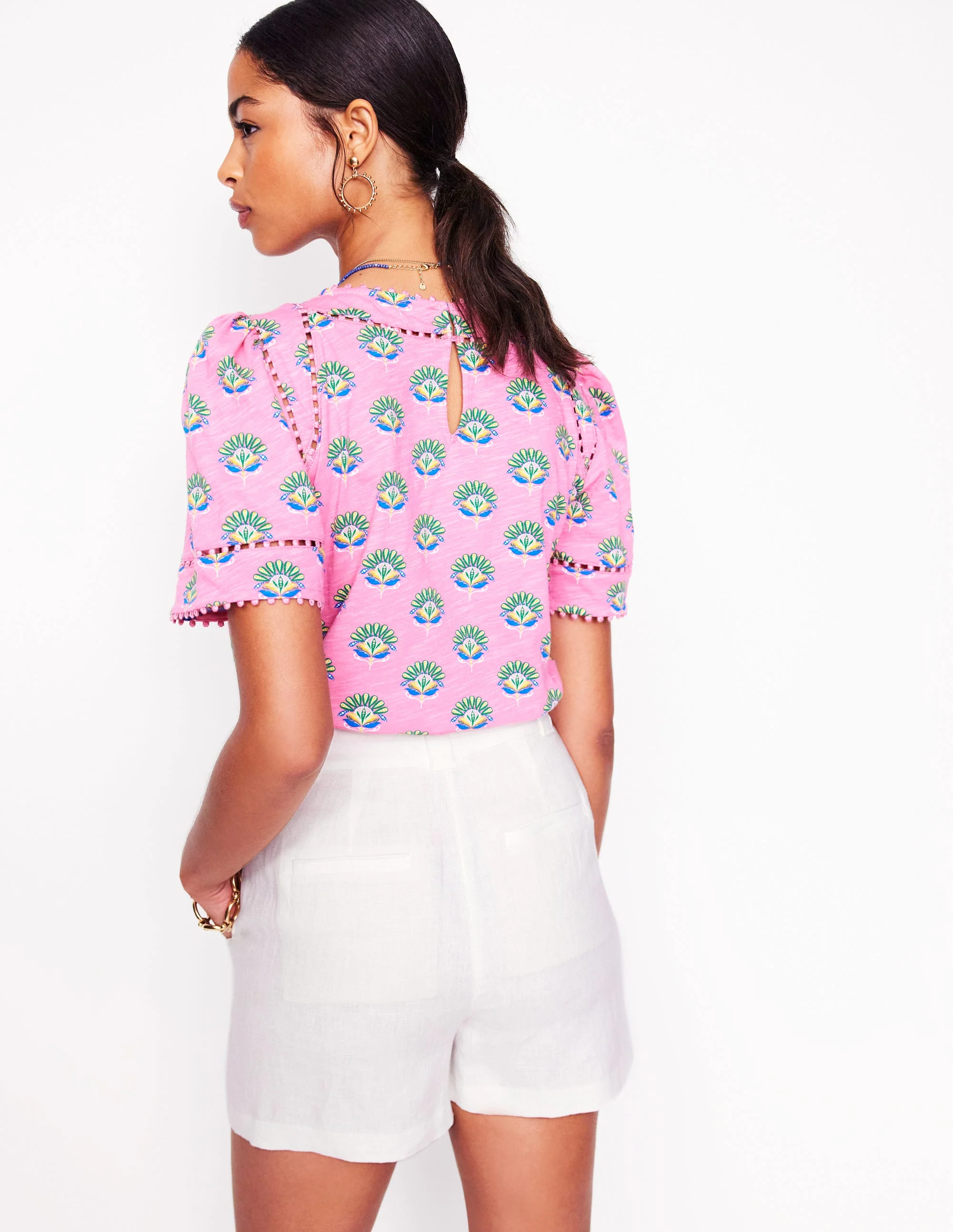 Mila Trim Detail Top-Pink, Ornamental Floral Sprig - Image 4