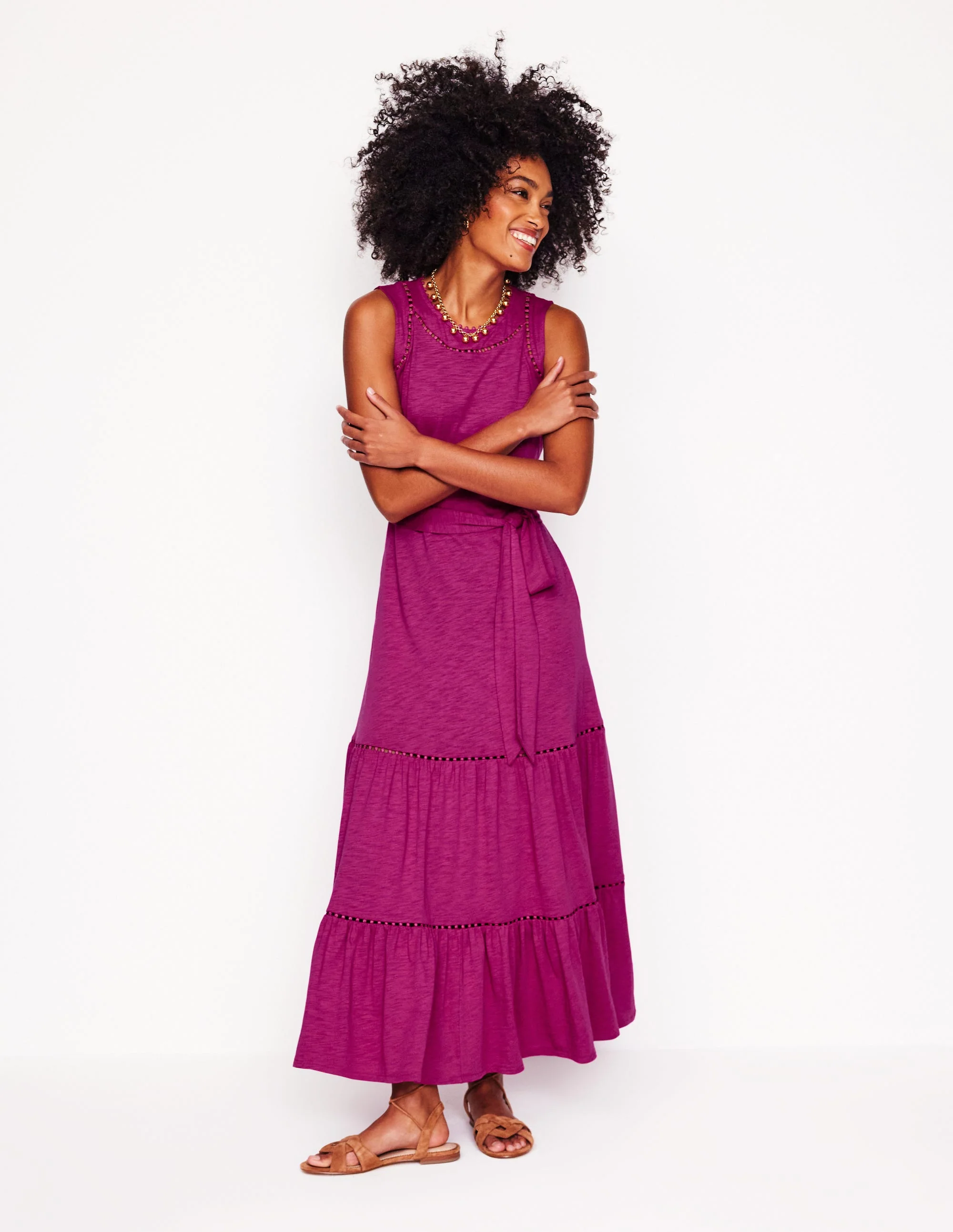 Mila Trim Tiered Jersey Dress-Fuschia - Image 4
