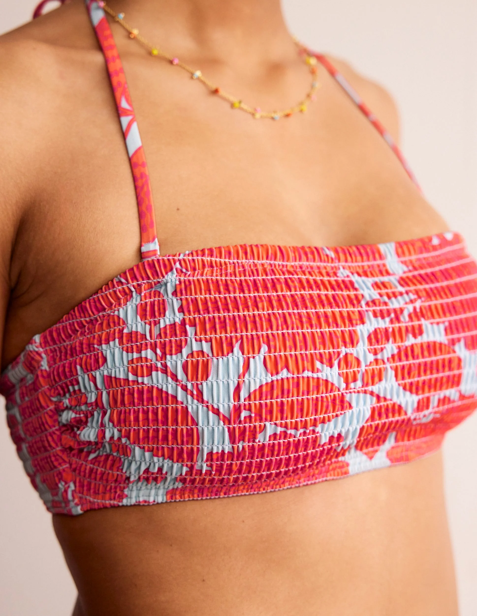 Milos Smocked  Bikini Top-Fire Cracker, Gardenia Swirl - Image 2