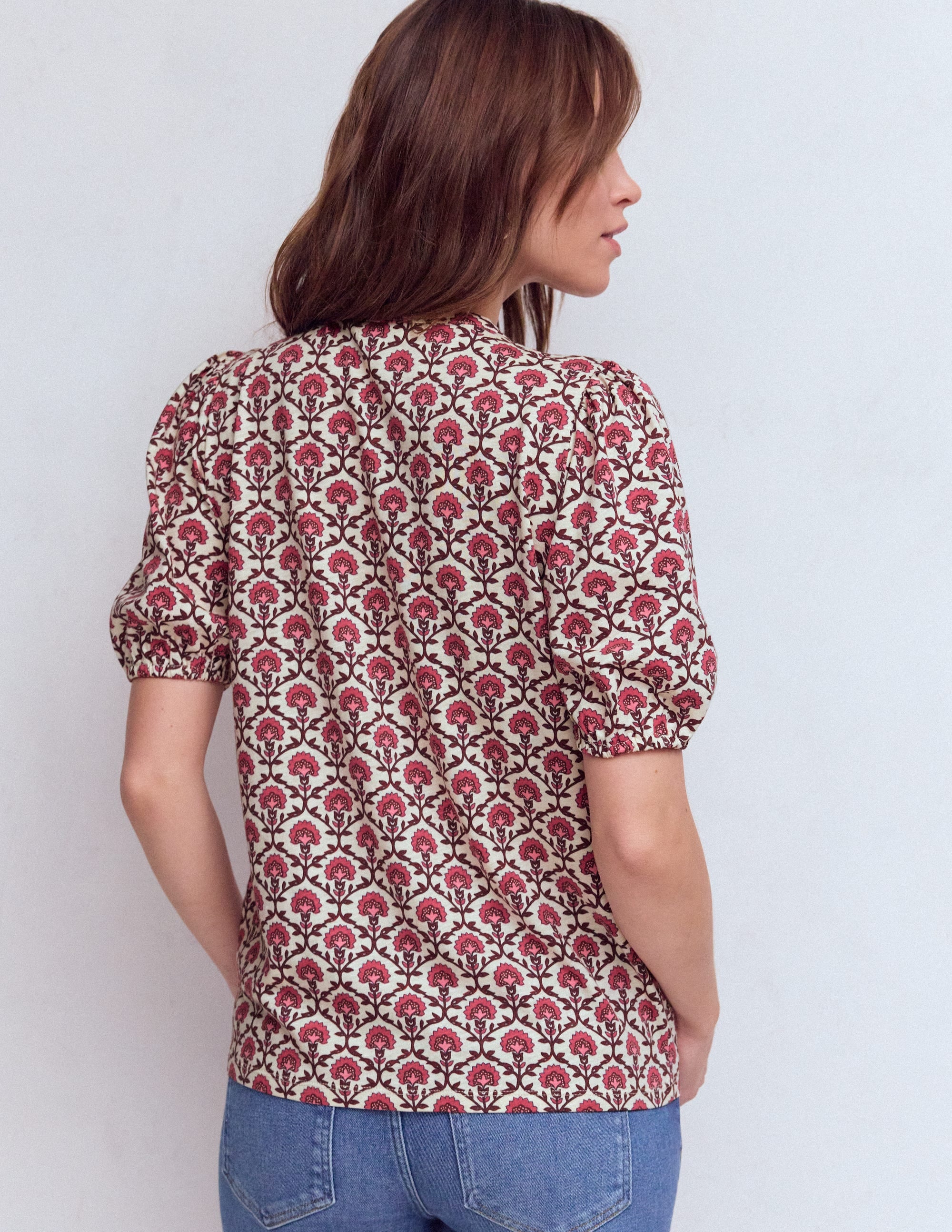 Mya Short Sleeve Smocked Shirt-Strawberry Pink,Flower Lattice - Image 3