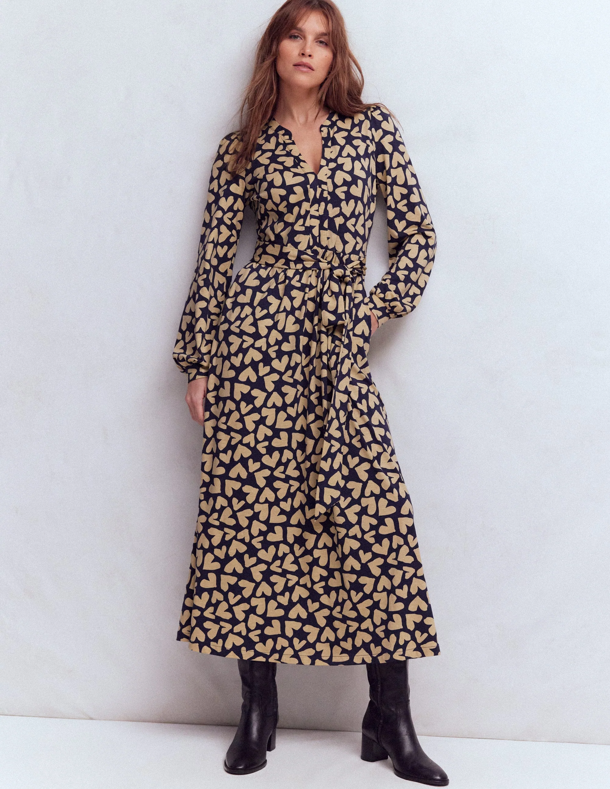Naomi Long Sleeve Jersey Dress-French Navy, Heart Scatter