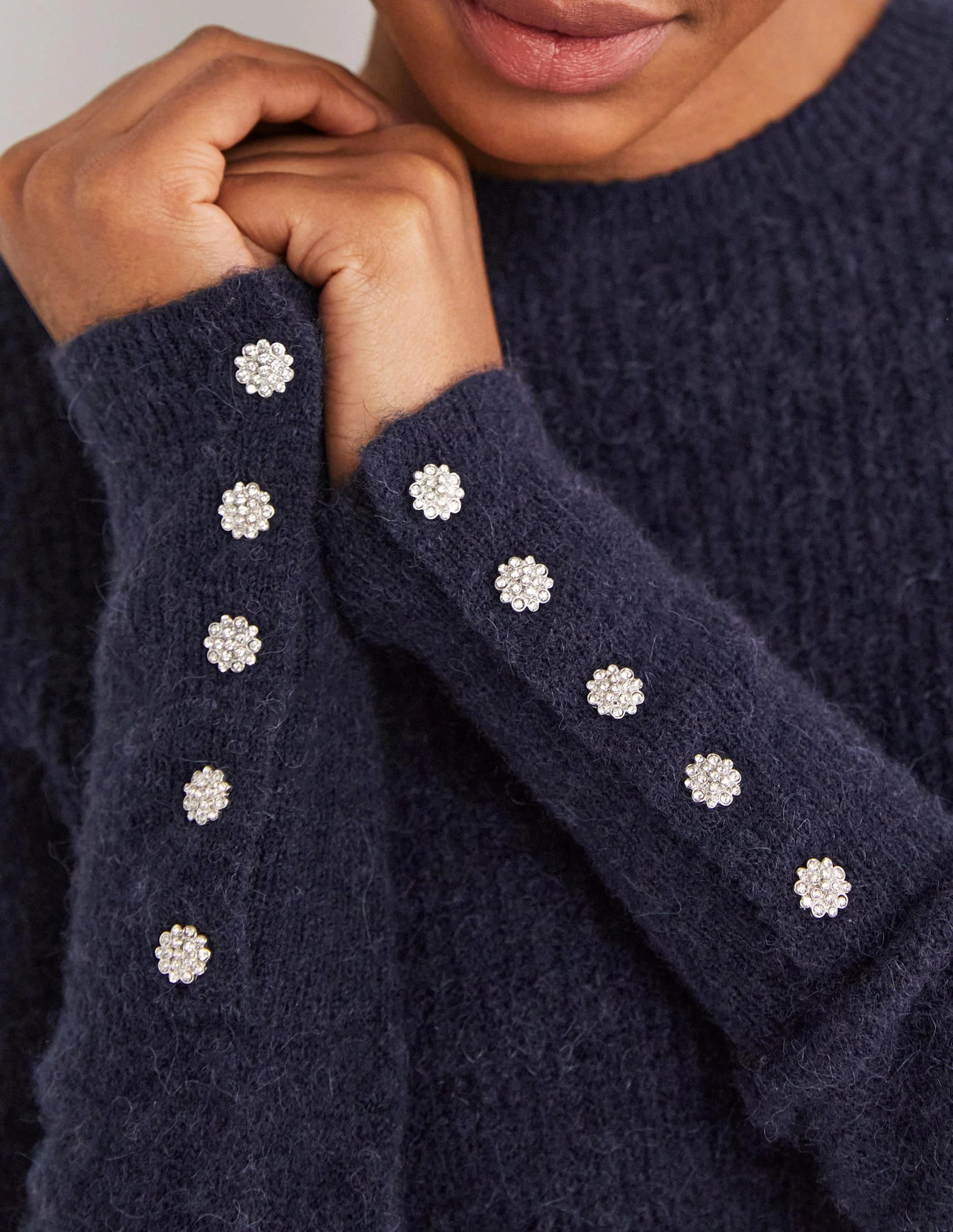 Navy Jewel Button Fluffy Sweater-Navy - Image 2