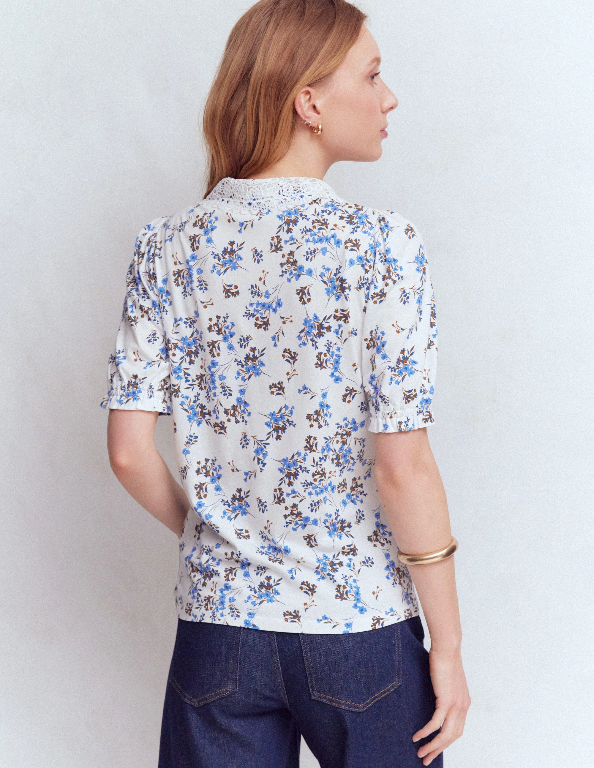 Nessa Broderie Collar Blouse-Ivory, Blue Bloom Scatter - Image 3