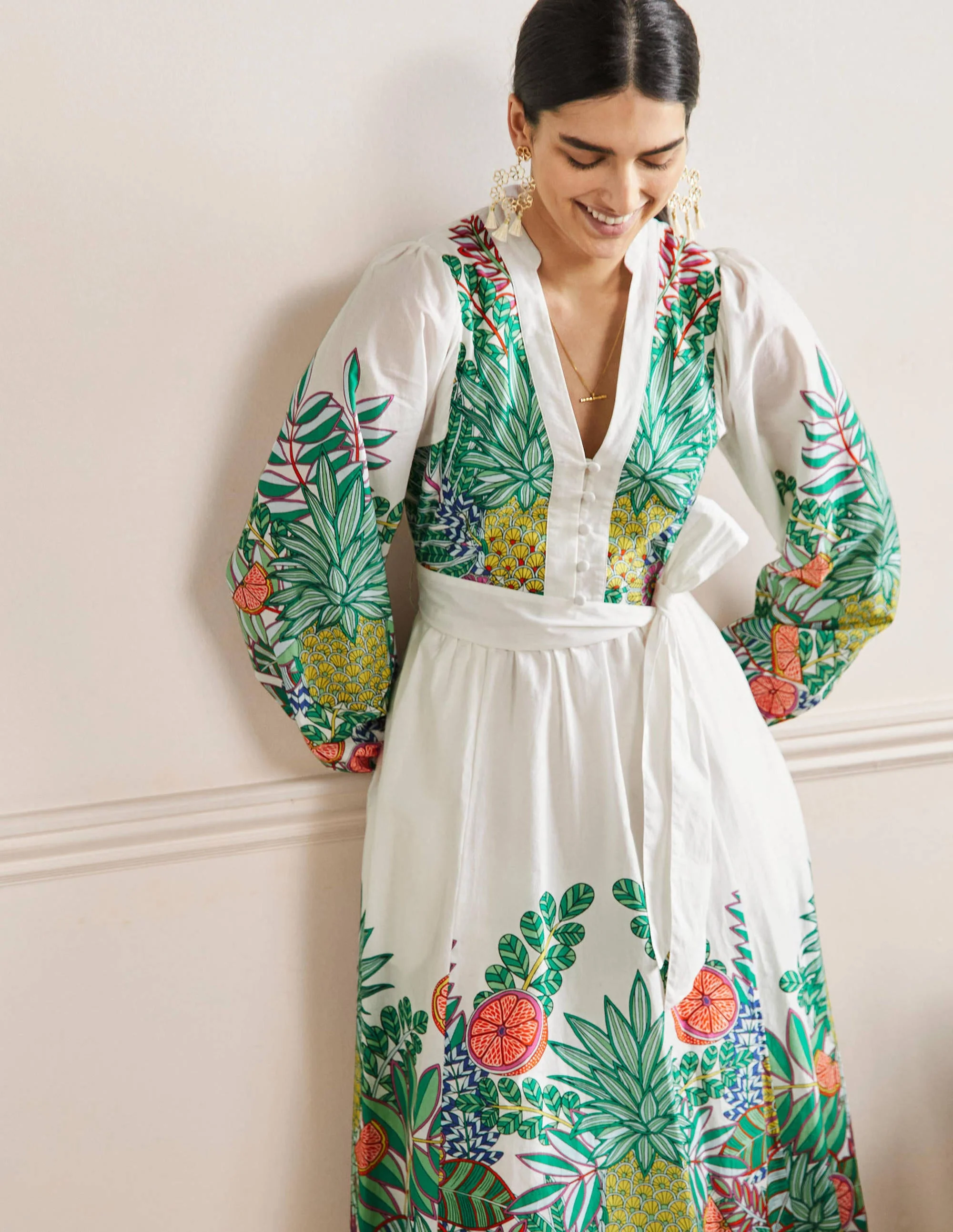 Notch Neck Cotton Maxi Dress-Ivory Pineapple - Image 4