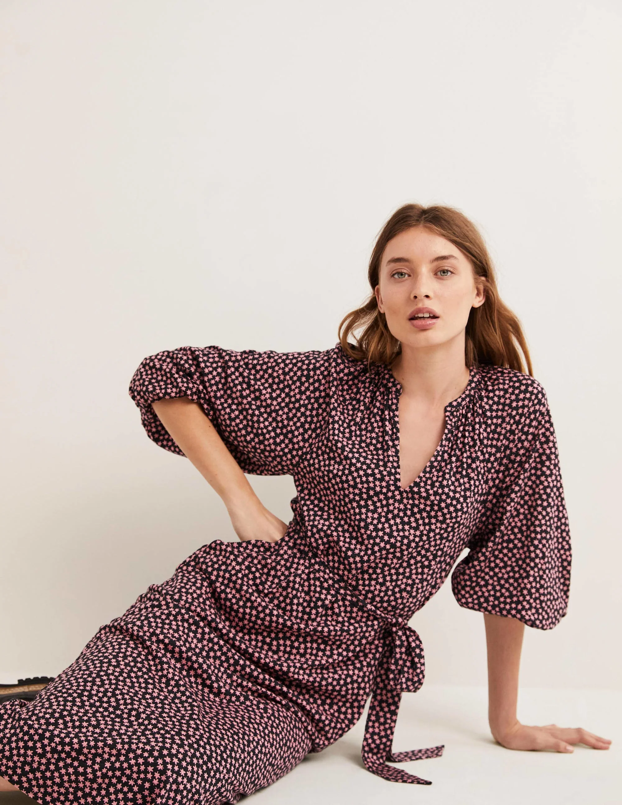Notch Neck Jersey Midi Dress-Wild Rose, Flora Flutter