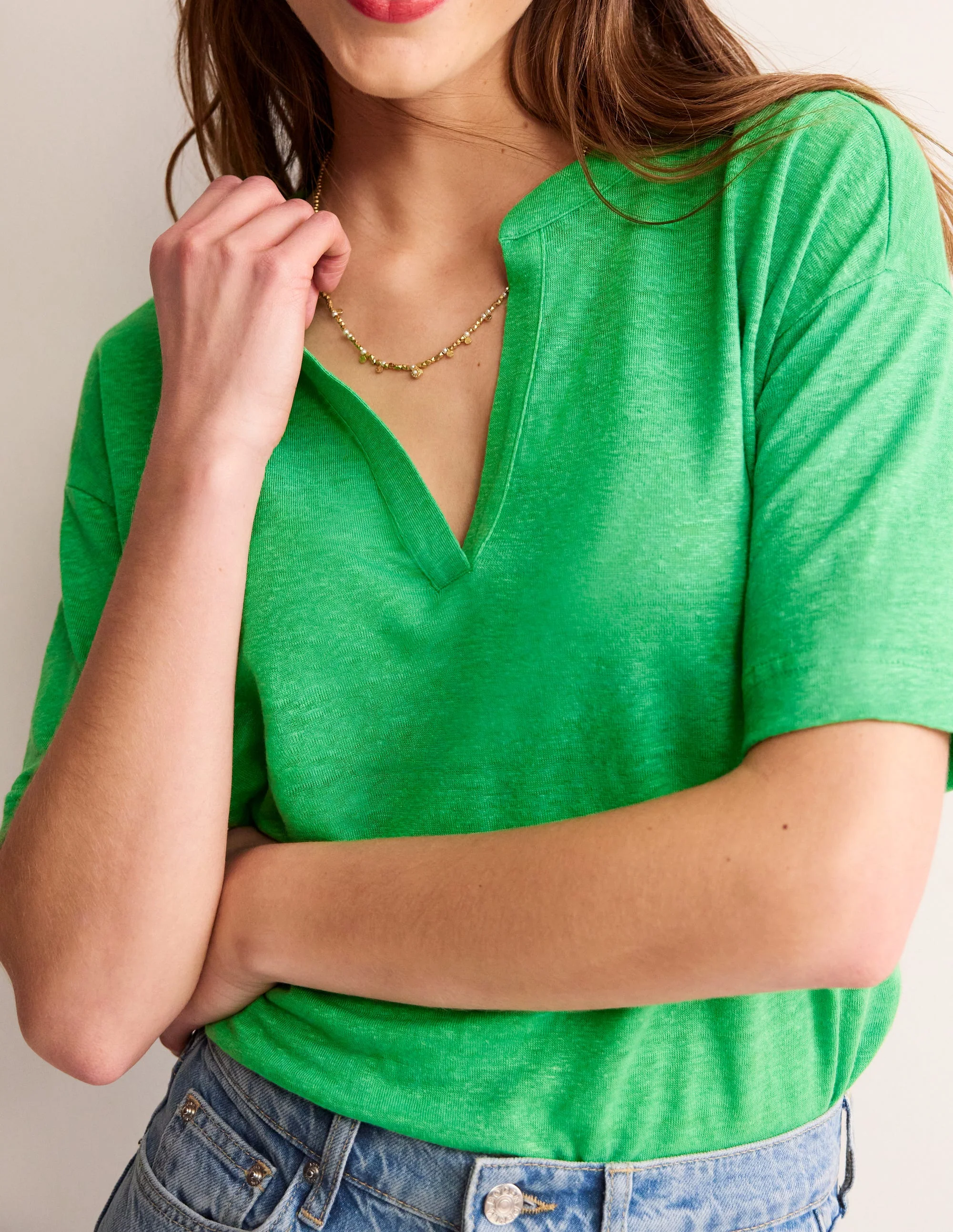 Notch Neck Linen Henley Top-Kelly Green - Image 2