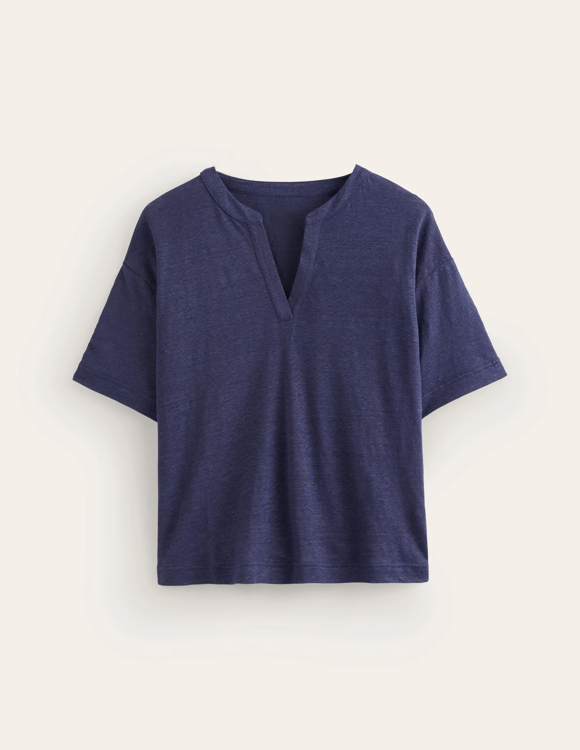 Notch Neck Linen Henley Top-Navy - Image 5