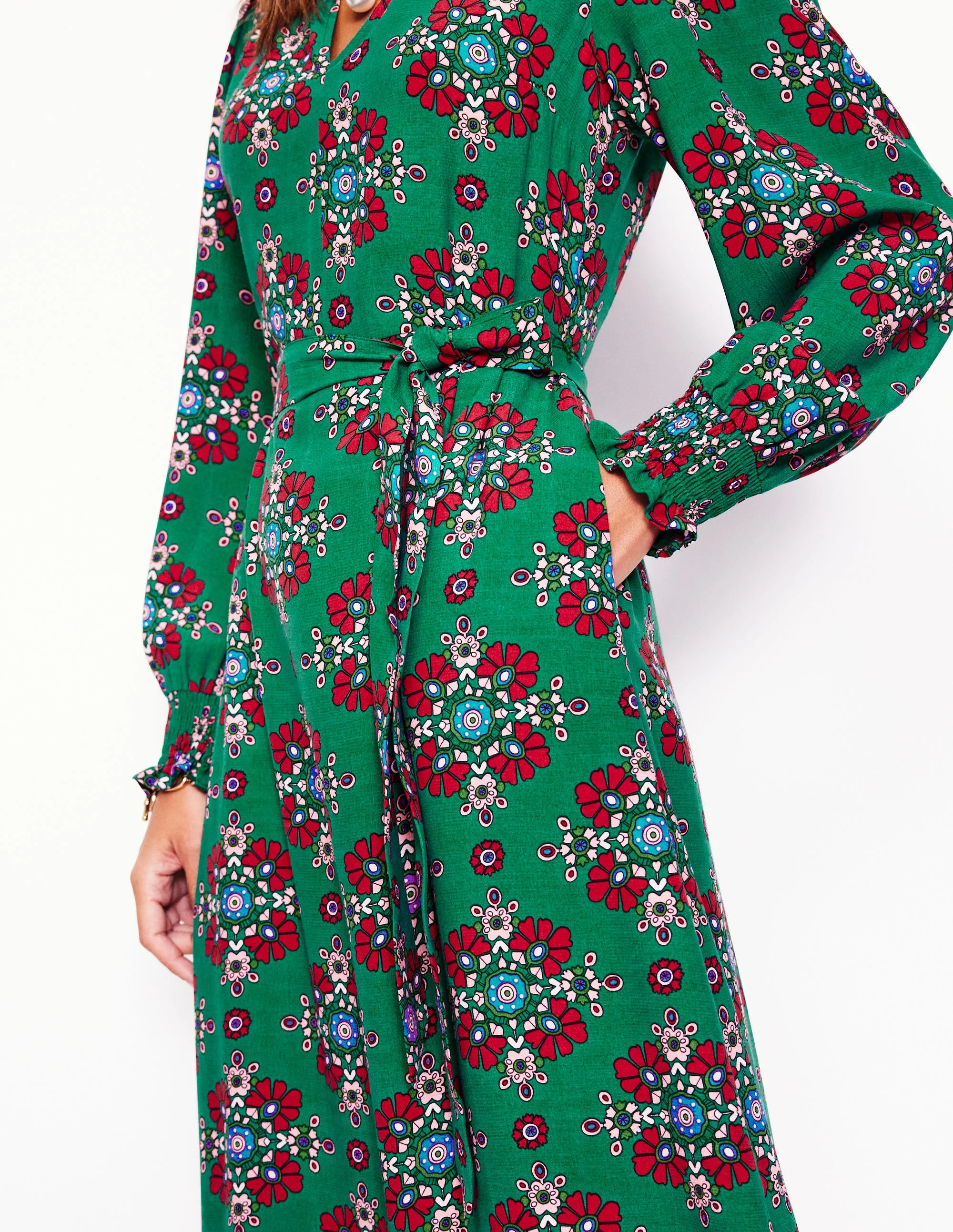 Notch Neck Midi Dress-Green, Adorned Stamp - Image 2