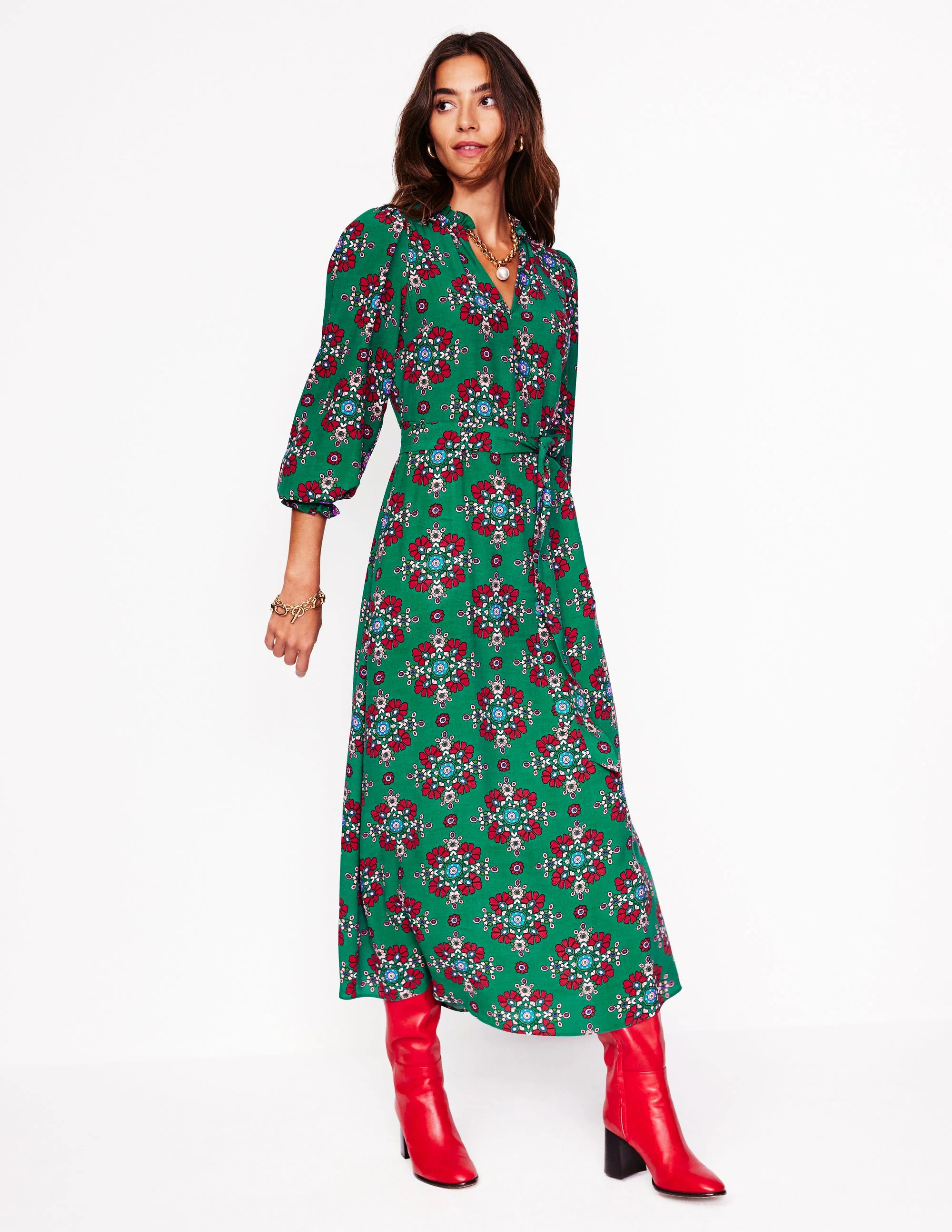 Notch Neck Midi Dress-Green, Adorned Stamp - Image 4