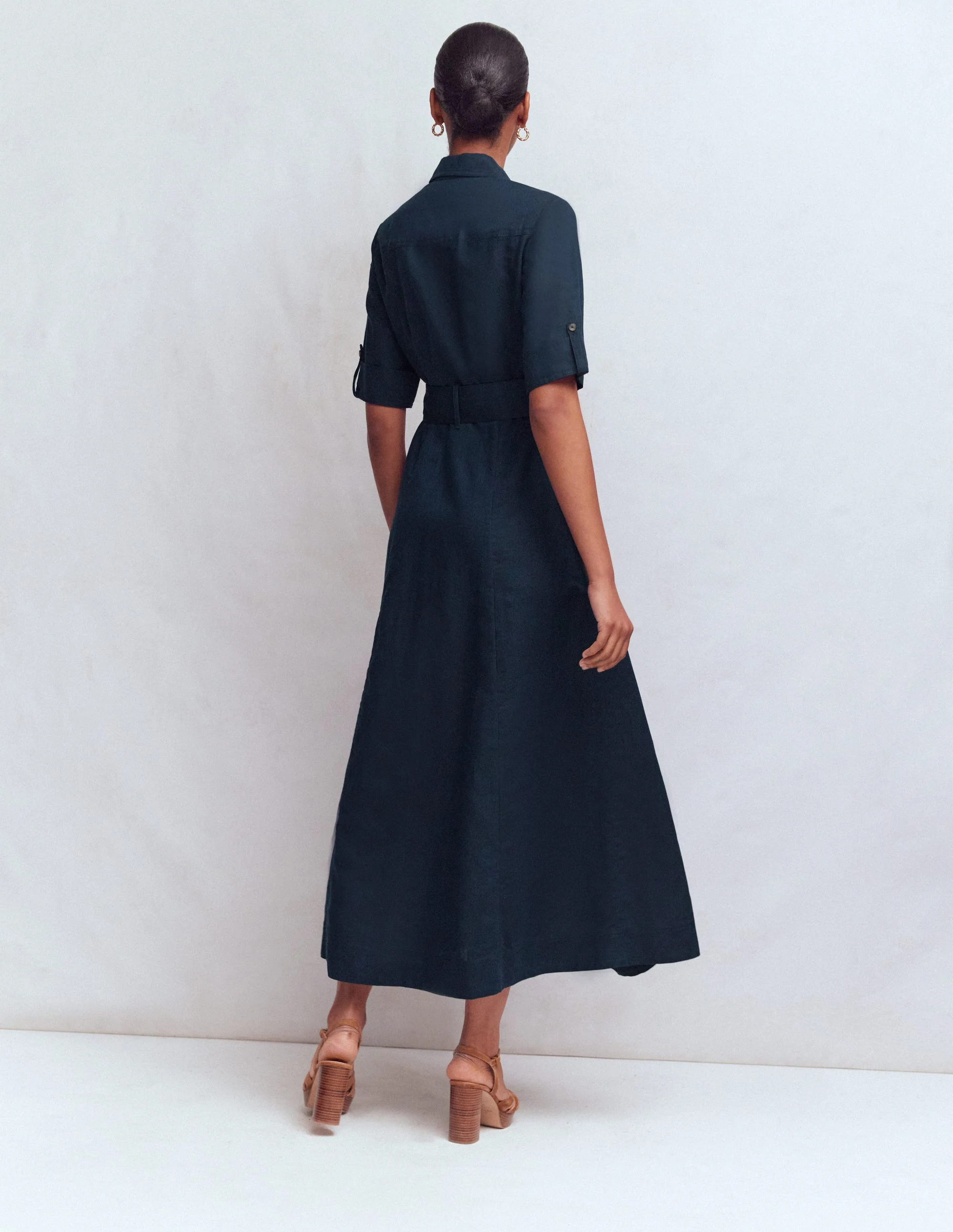 Ora Linen Blend Shirt Dress-Navy - Image 3