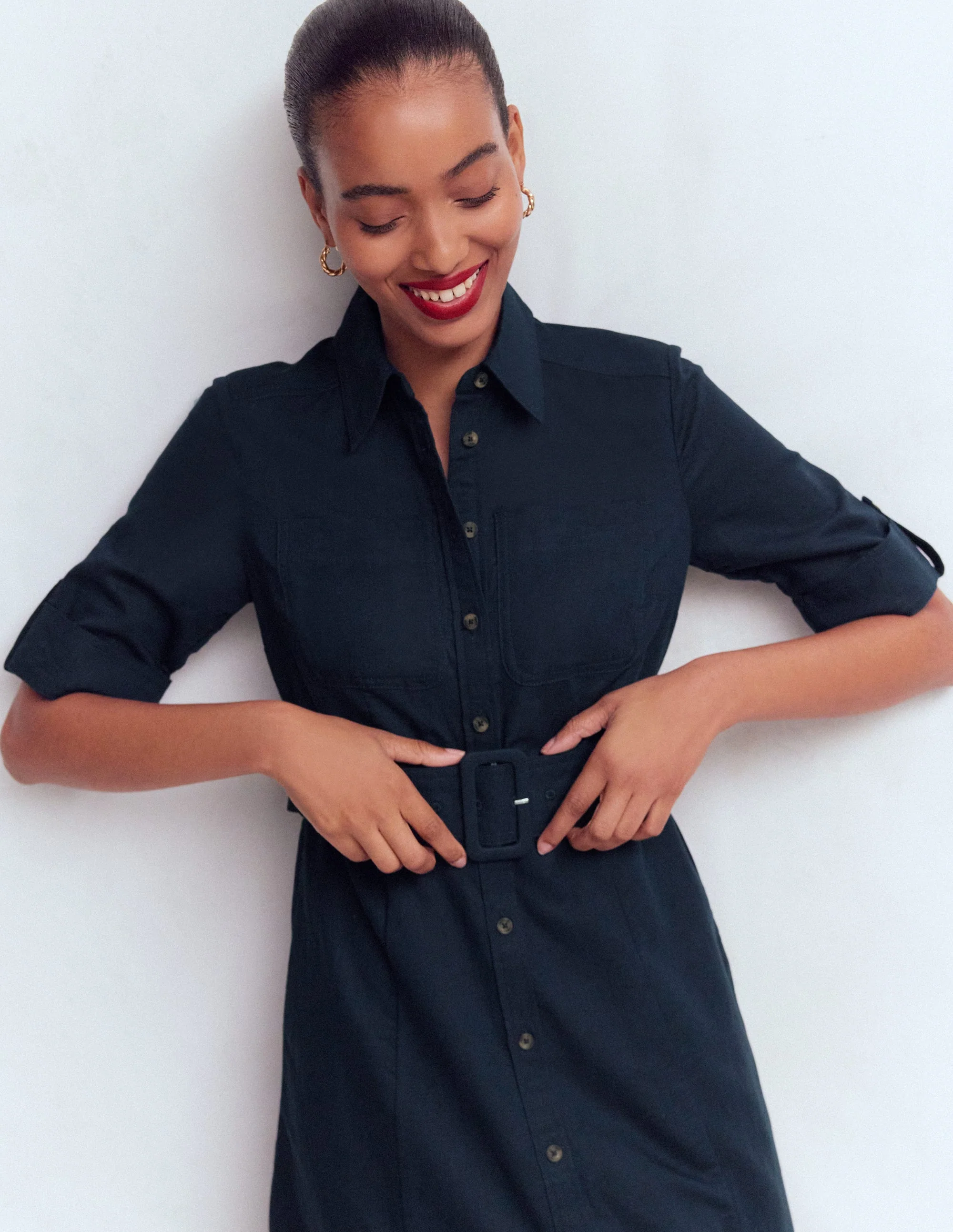Ora Linen Blend Shirt Dress-Navy - Image 5