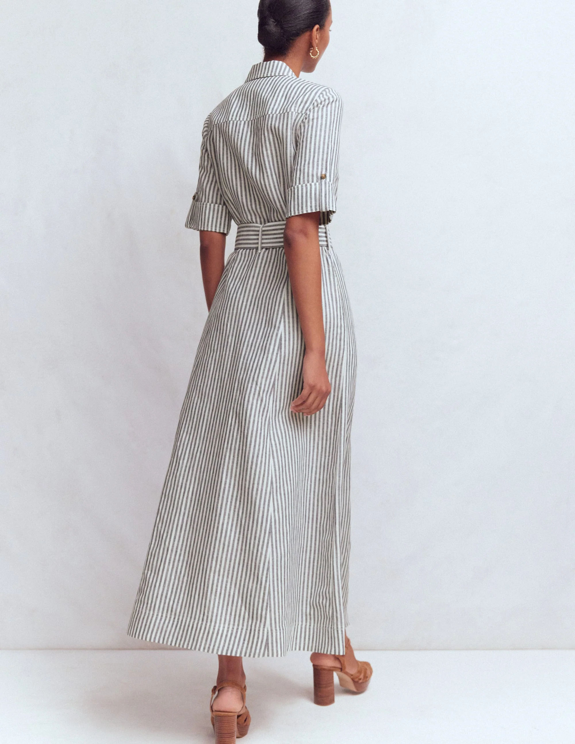 Ora Linen Blend Shirt Dress-Navy Ivory Stripe - Image 3
