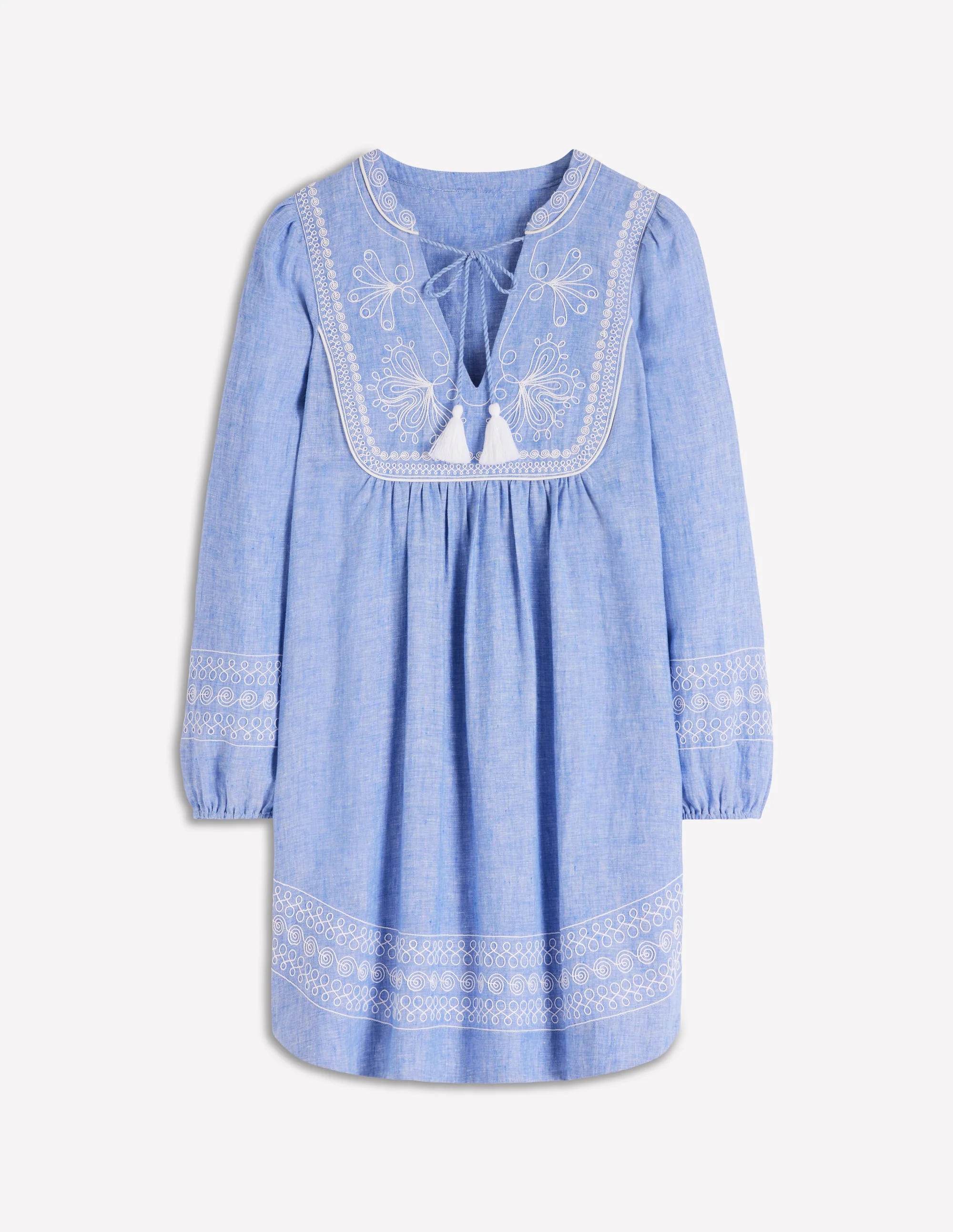 Pia Linen Yoke Tassel Dress-Chambray Embroidery - Image 7