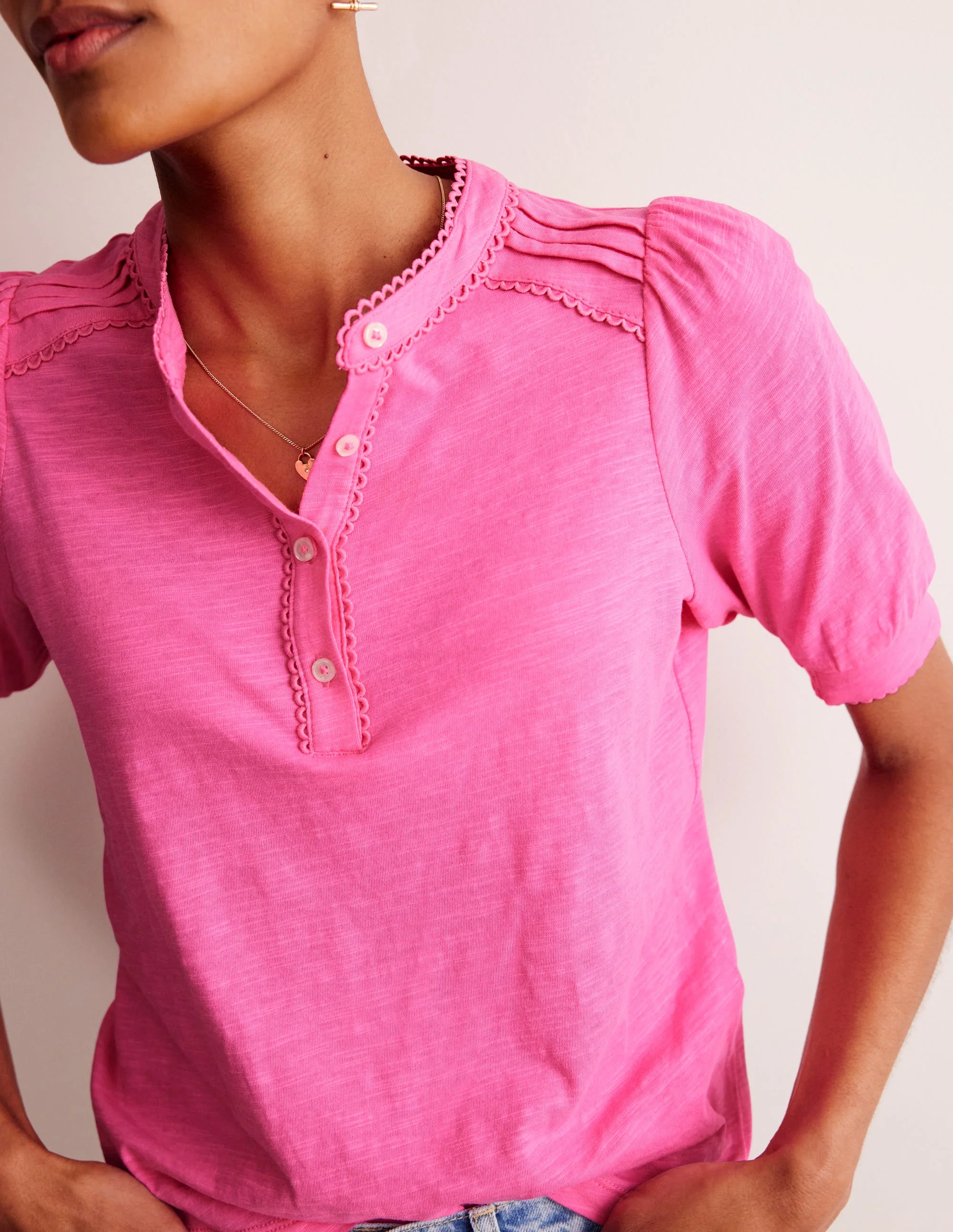 Pintuck Puff Sleeve Henley-Party Pink - Image 2