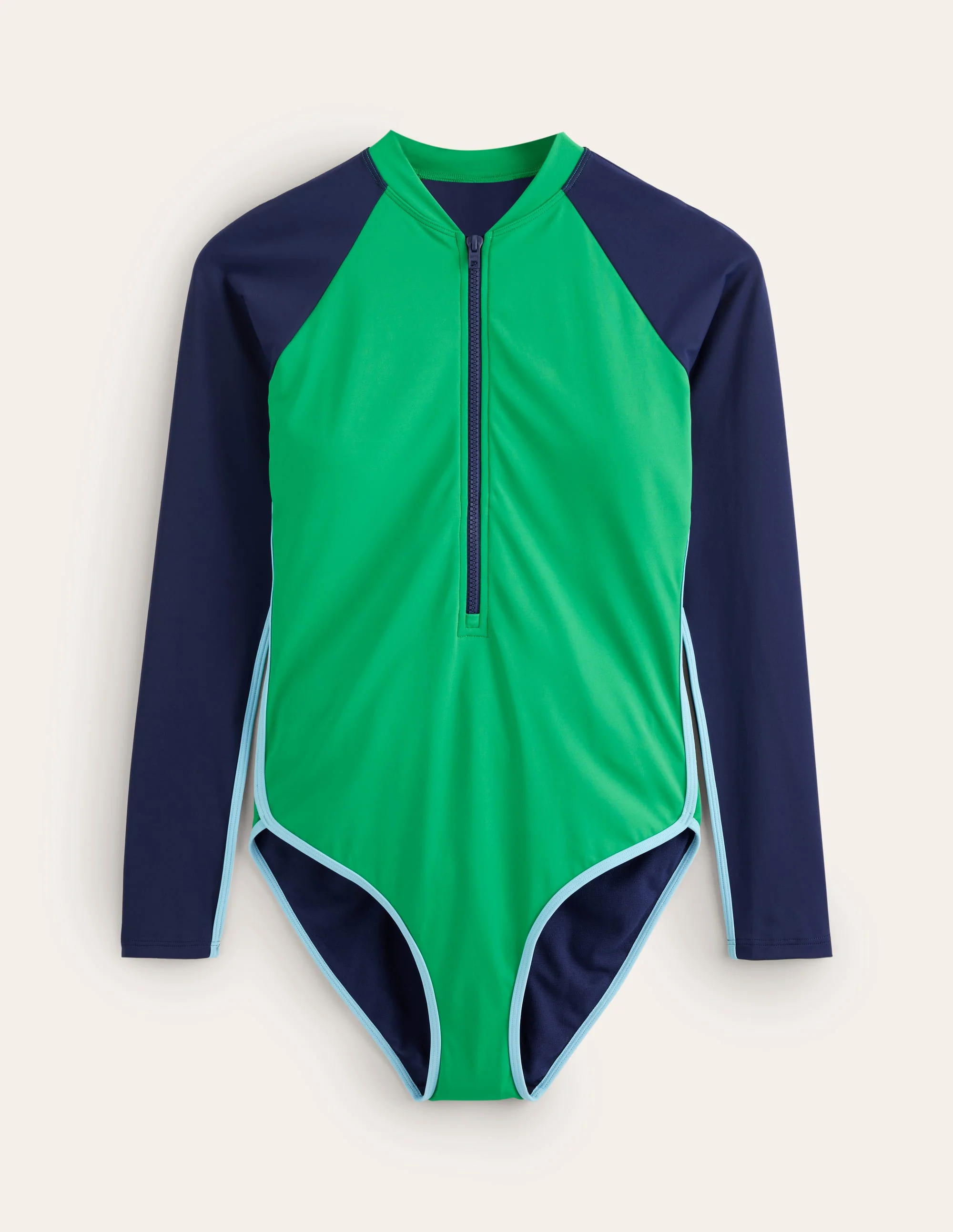 Piped Raglan Sleeve Swimsuit-Navy/ Green Colourblock - Image 5