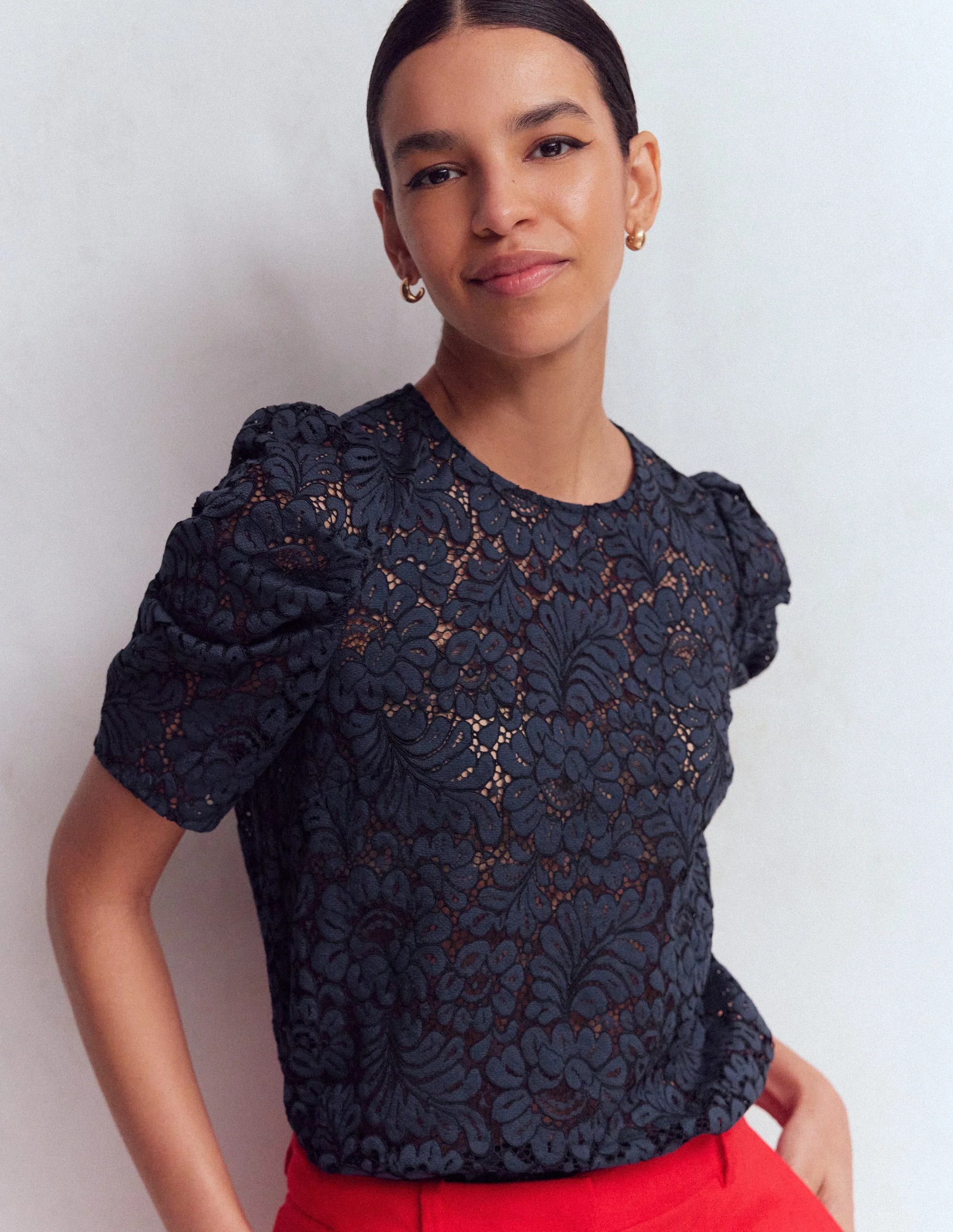Pleat Sleeve Lace T-shirt-Navy - Image 4
