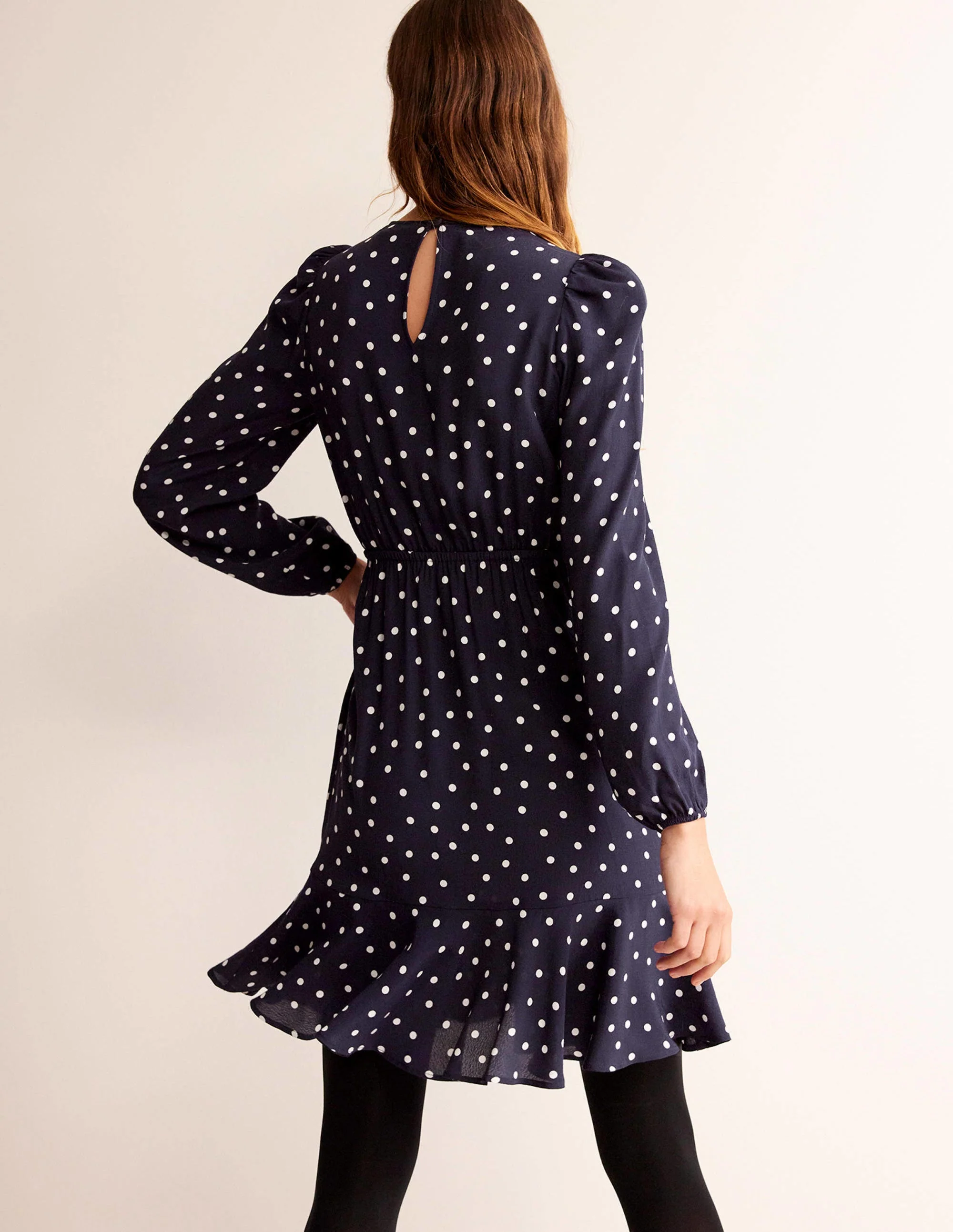Pleated Peplum Mini Dress-French Navy, Spaced Dot - Image 3