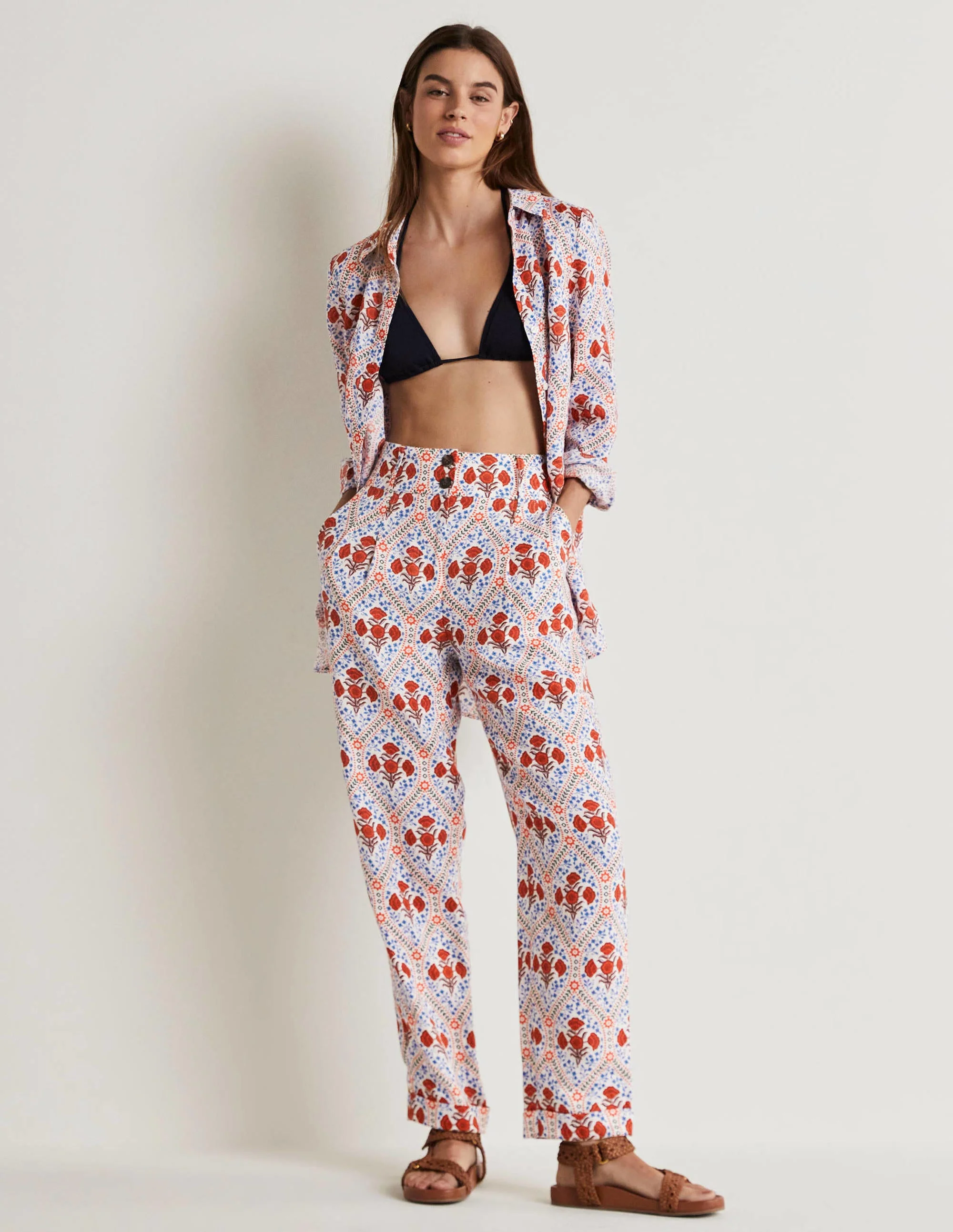 Pleated Turn Up Linen Pants-Ivory, Poppy Bloom