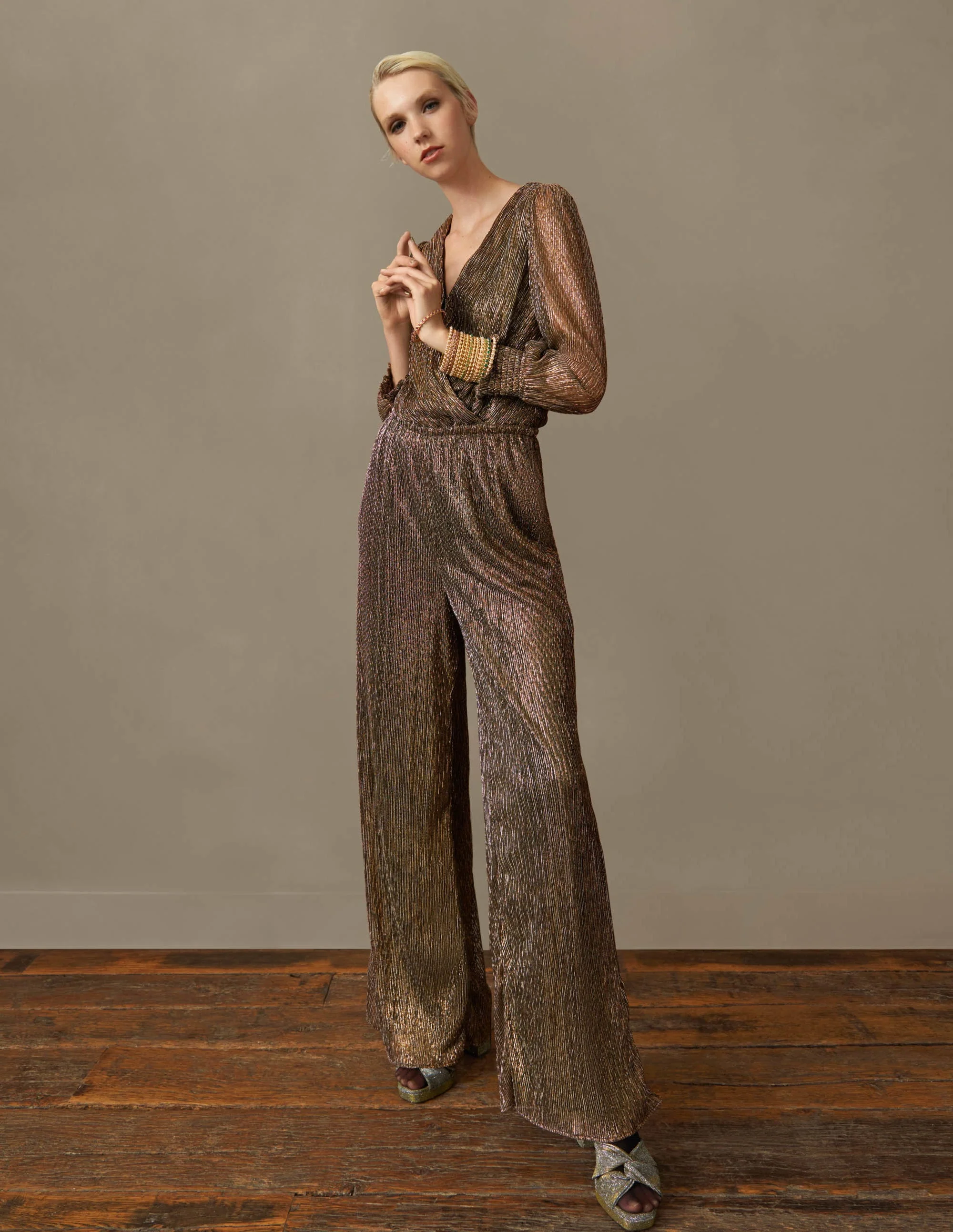 Plisse Palazzo Jumpsuit-Gold, Black Lurex - Image 7