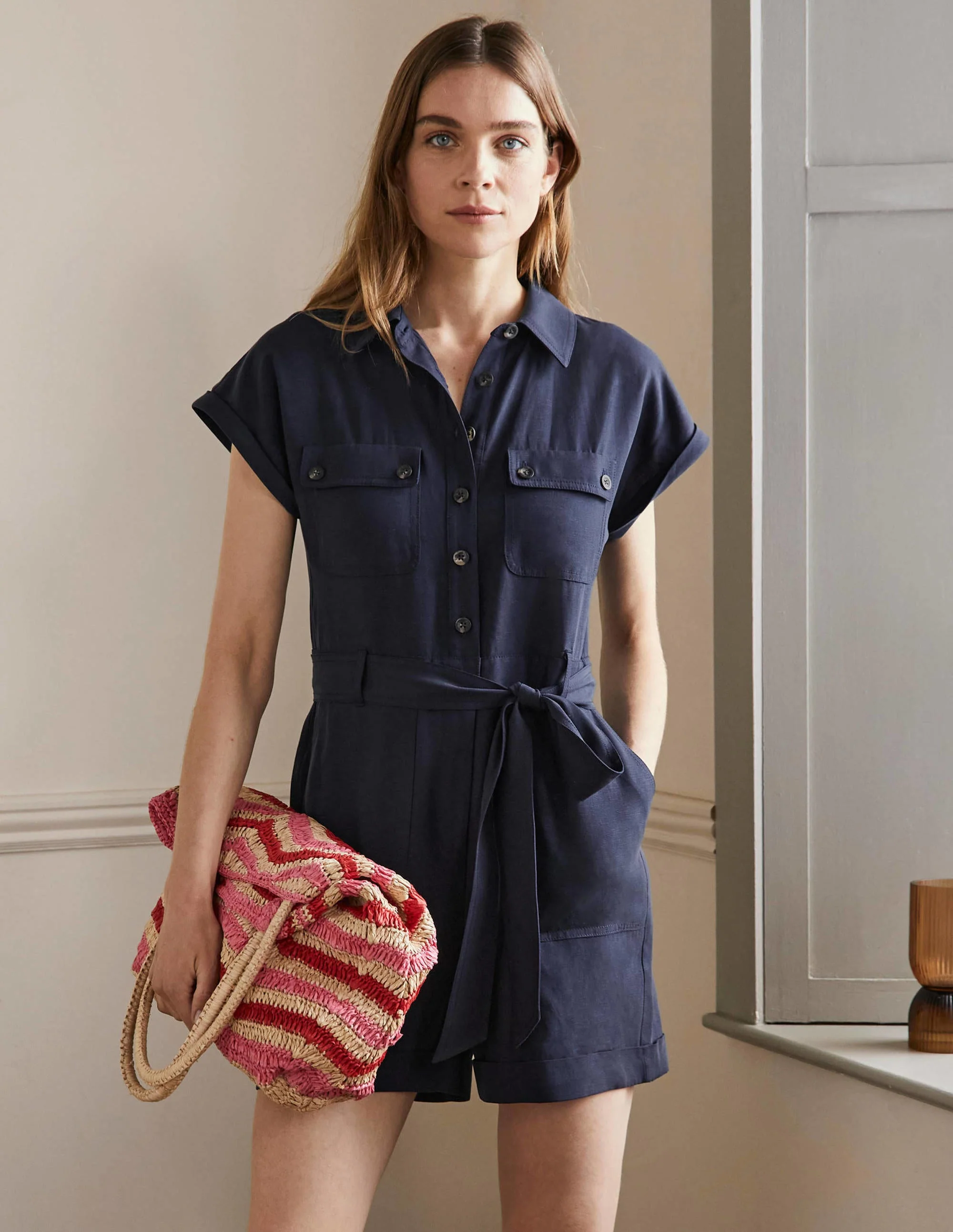 Pocket Detail Romper-NAVY