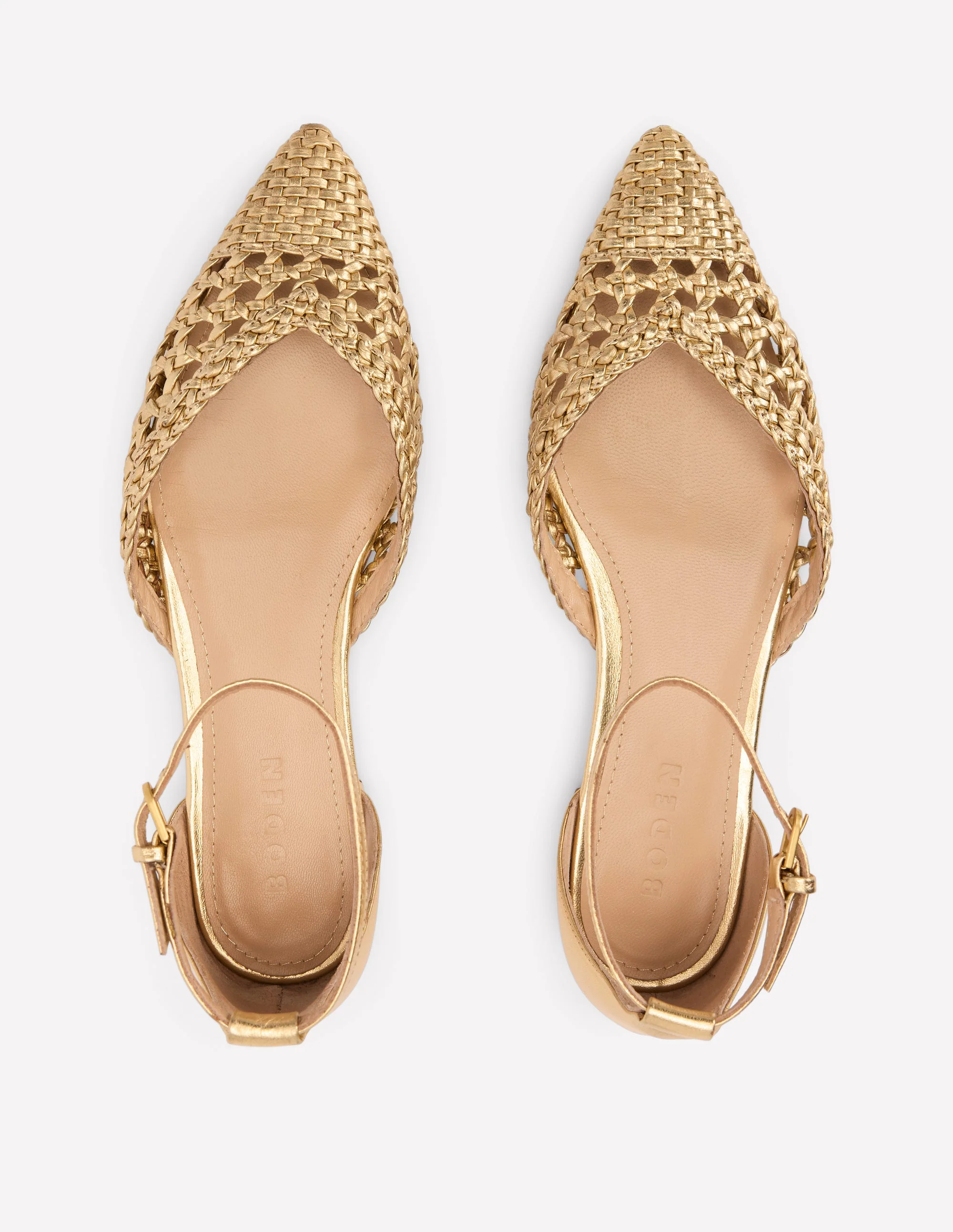 Pointed Toe Cap Flats-Gold Woven Leather - Image 5