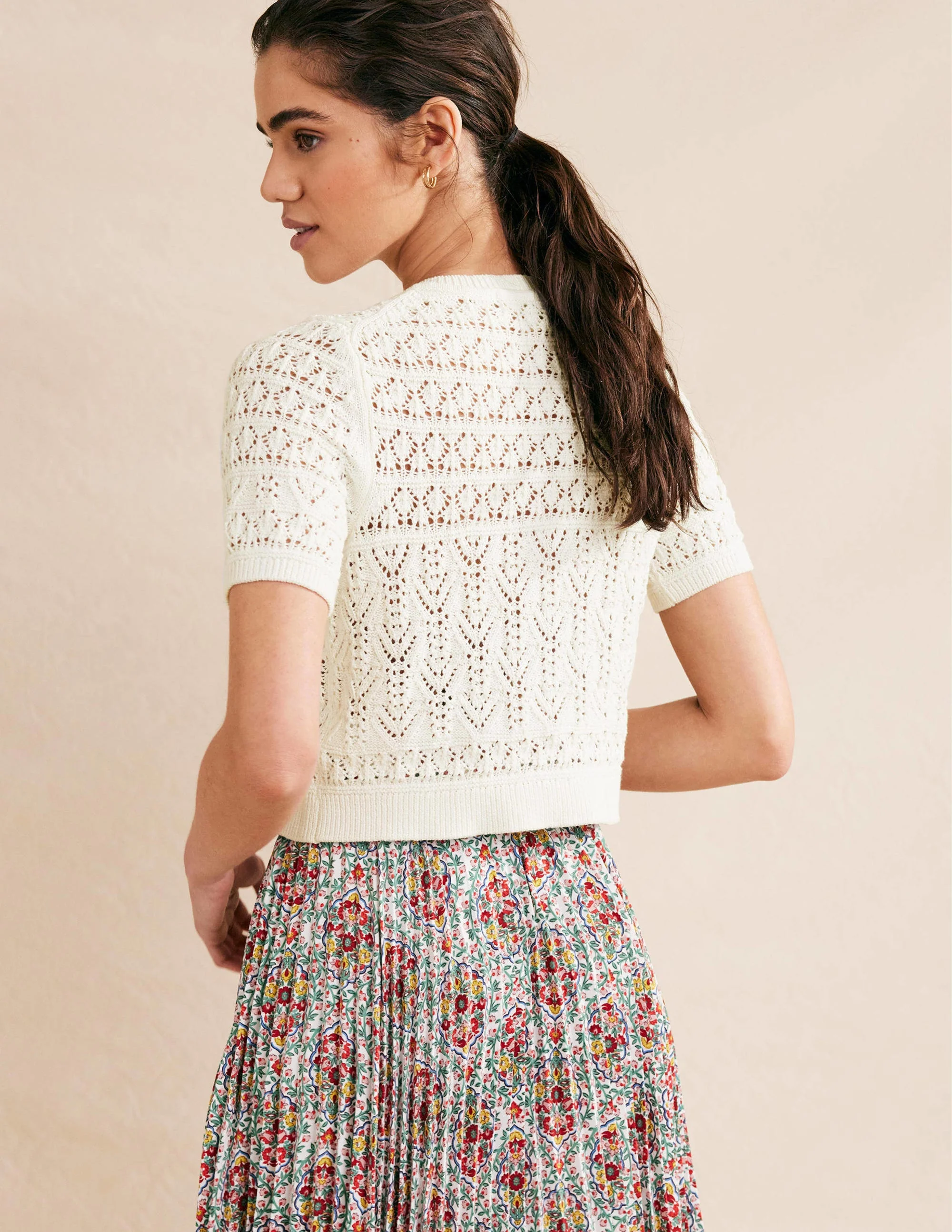 Pointelle Crew Neck Cardigan-Warm Ivory - Image 3