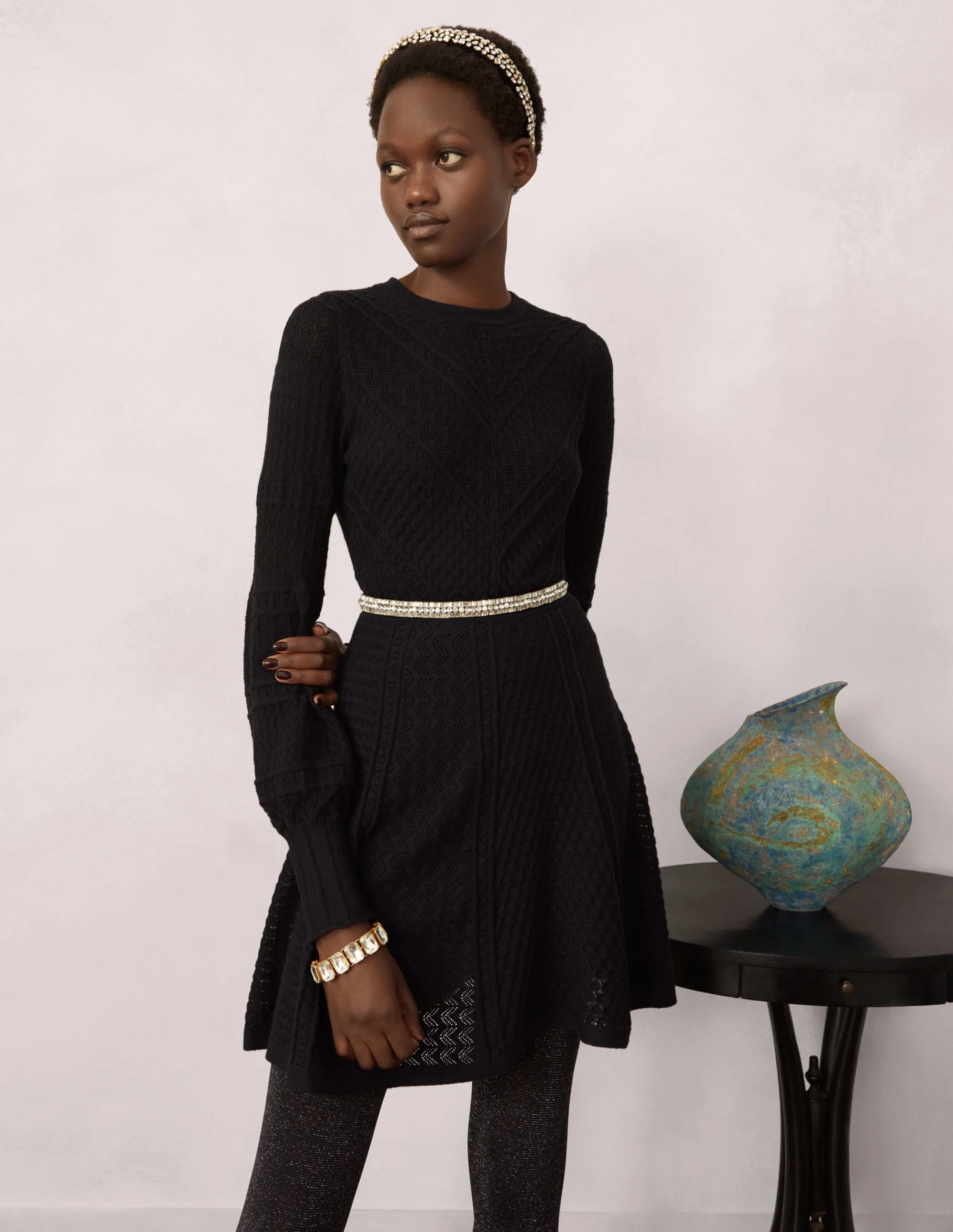 Pointelle Knitted Mini Dress-Black - Image 6