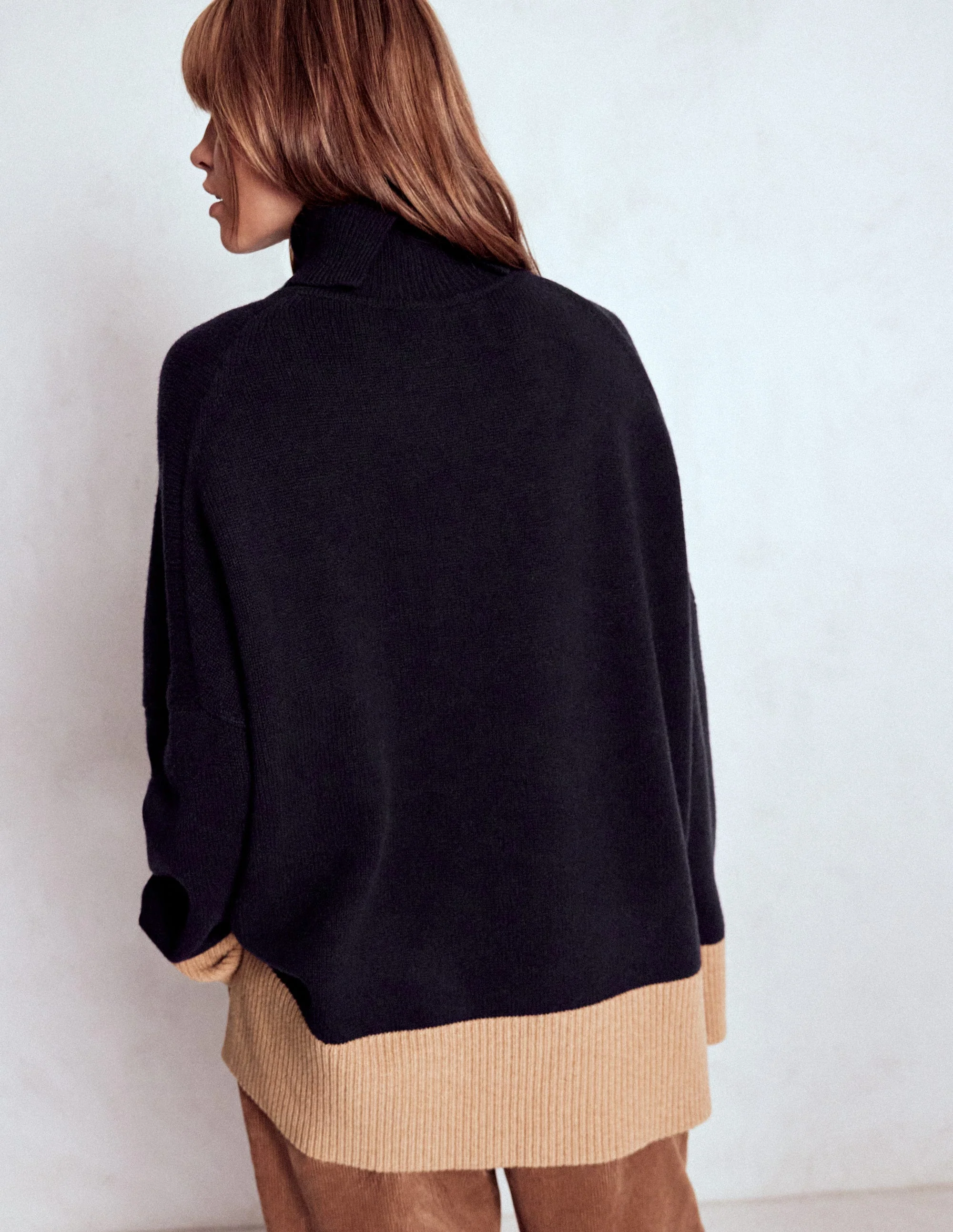 Polly Merino Roll Neck Sweater-Navy, Warm Taupe Colour Block - Image 3