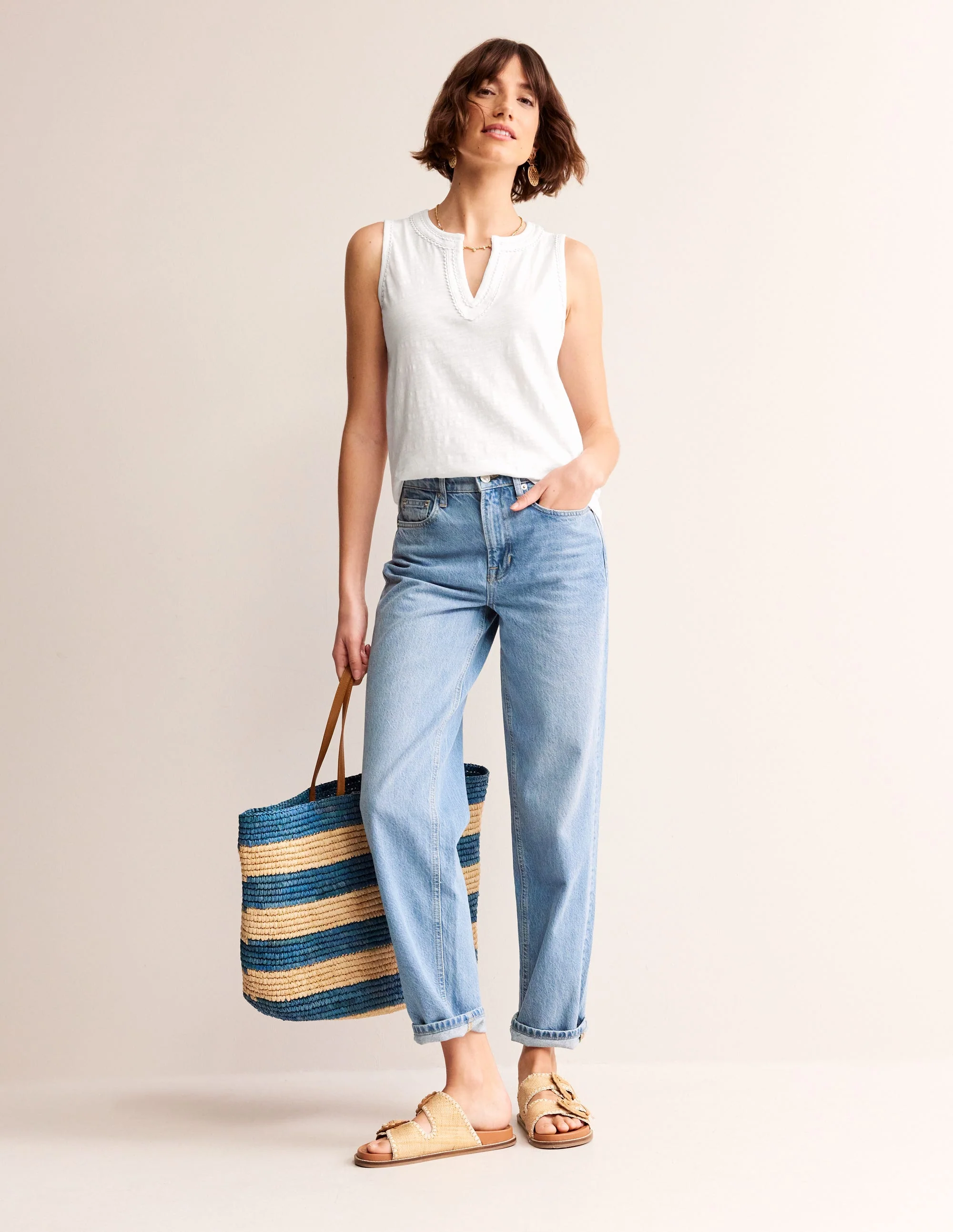 Pom Trim Detail Tank Top-White - Image 4
