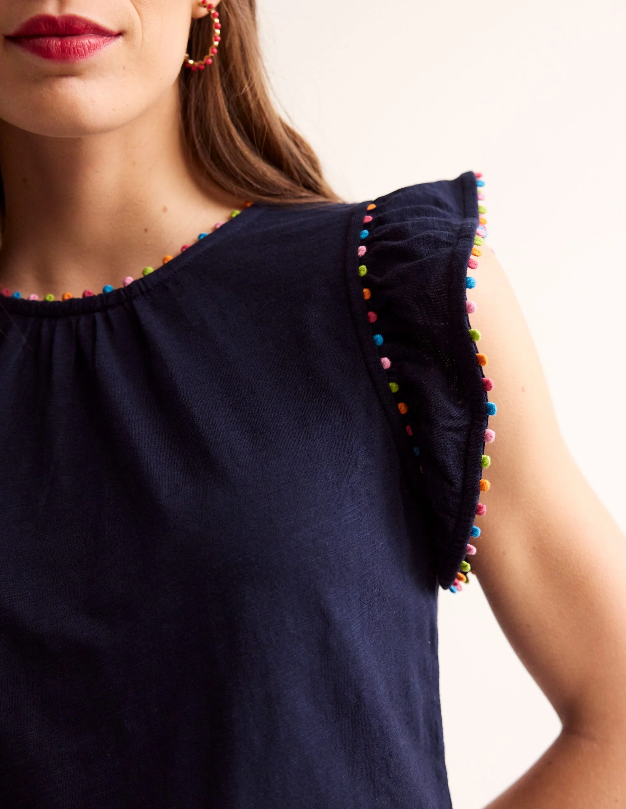 Pom Trim Ruffle Sleeve Top-Navy - Image 2