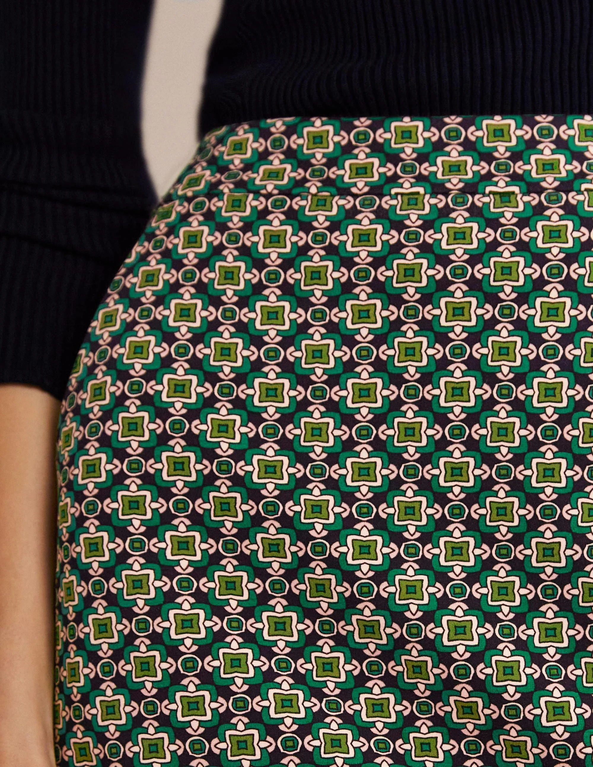 Ponte A-line Mini Skirt-Shady Glade Green, Square Geo - Image 2
