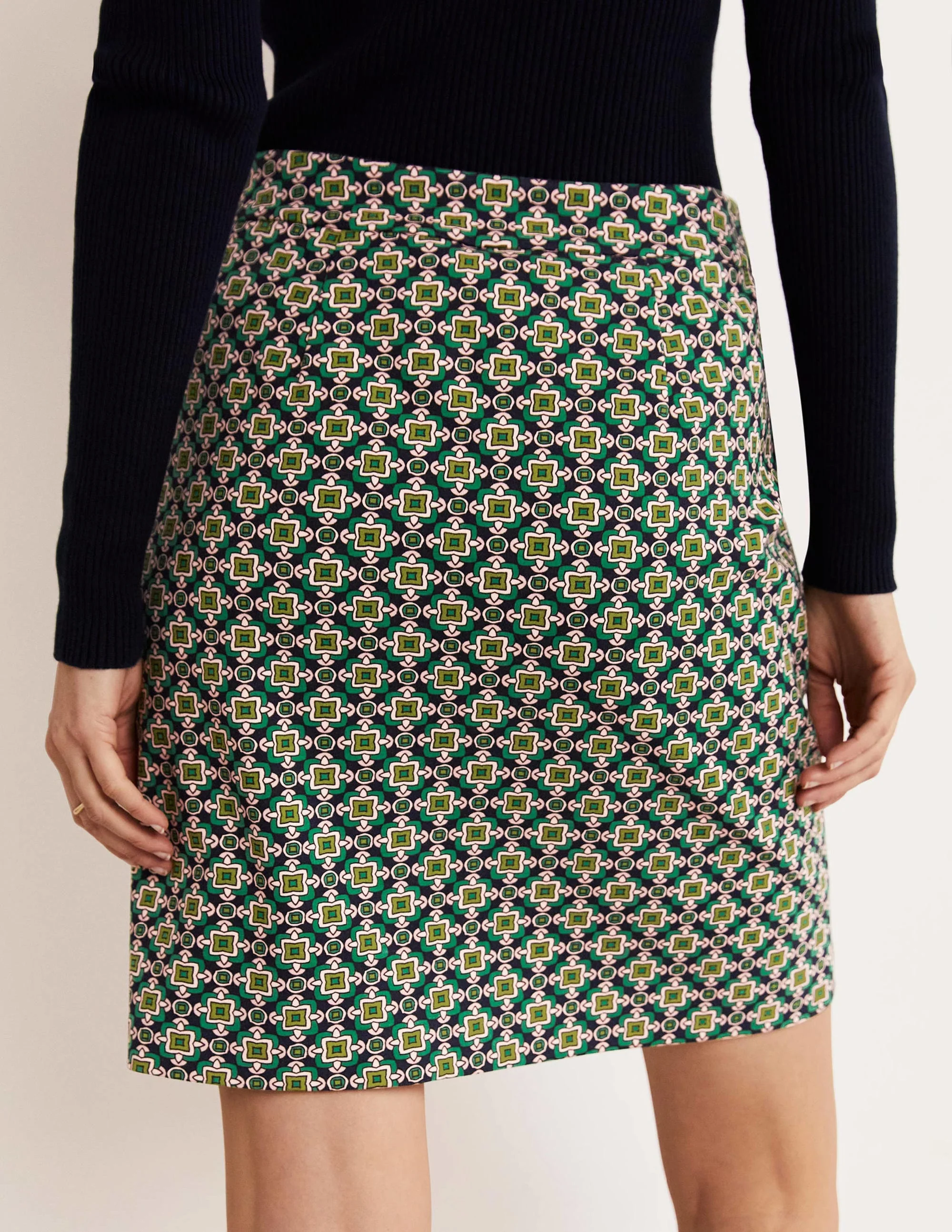 Ponte A-line Mini Skirt-Shady Glade Green, Square Geo - Image 8