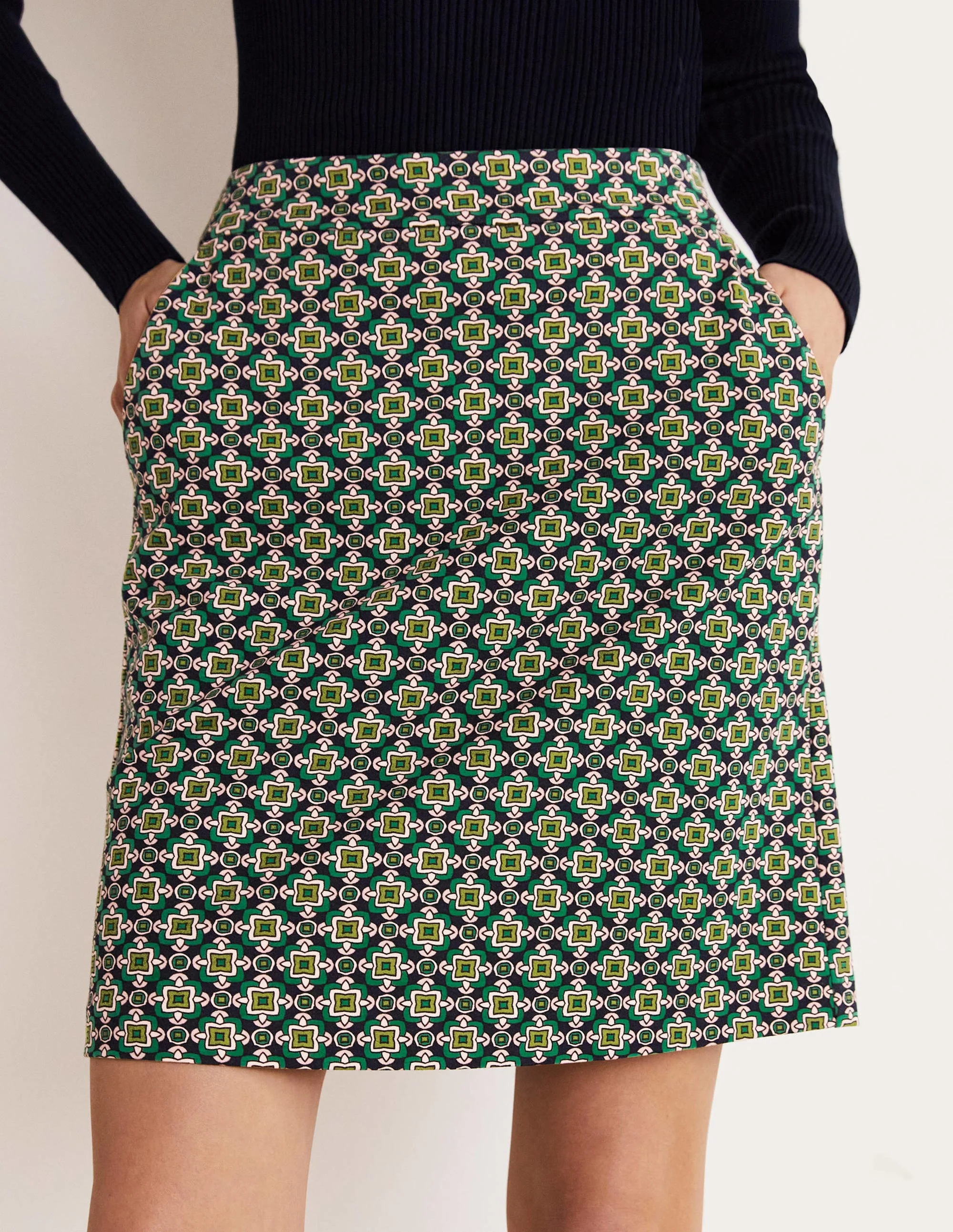 Ponte A-line Mini Skirt-Shady Glade Green, Square Geo - Image 9