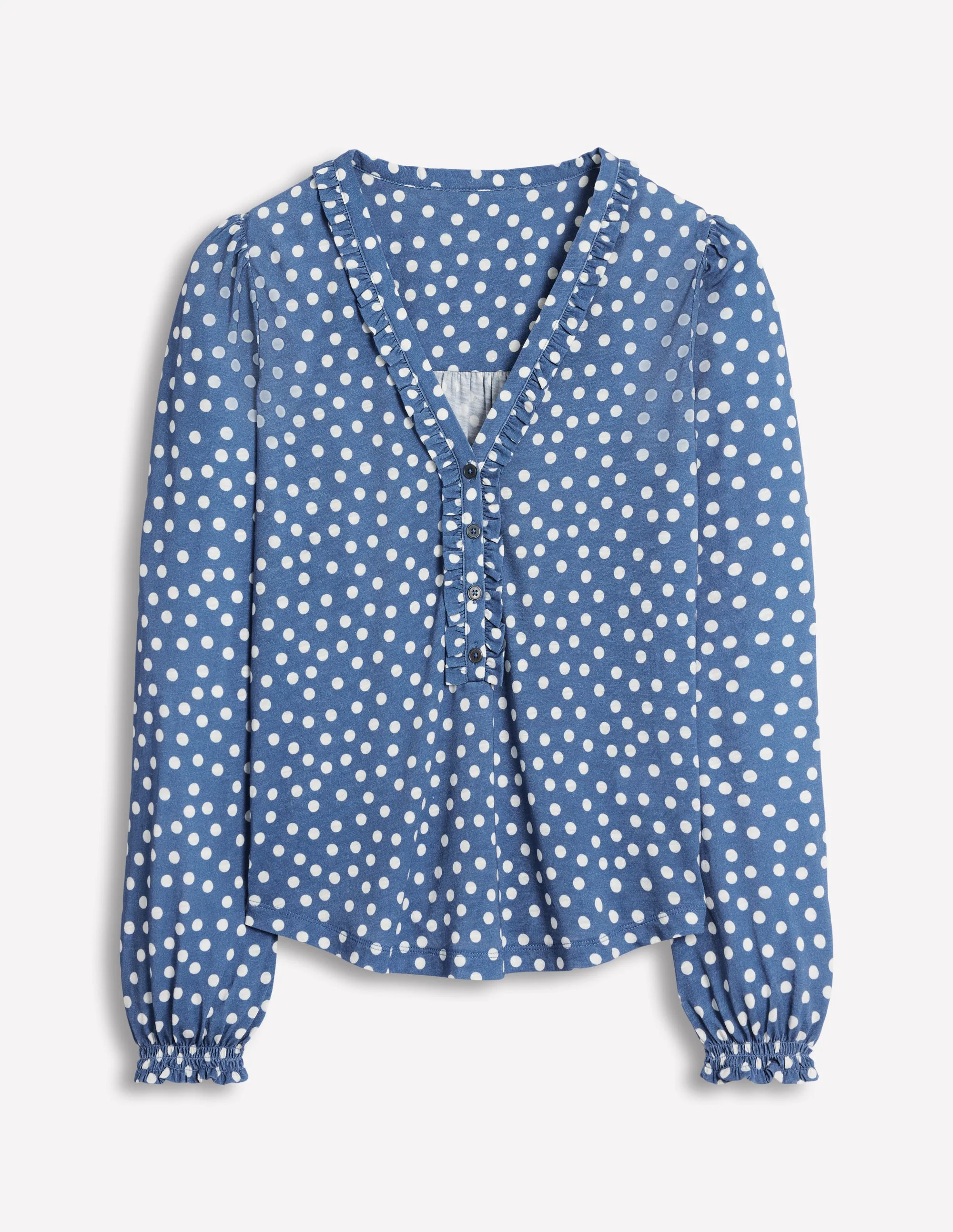 Poppy Ruffled Henley Top-Blue River, Abstract Spot - Image 5