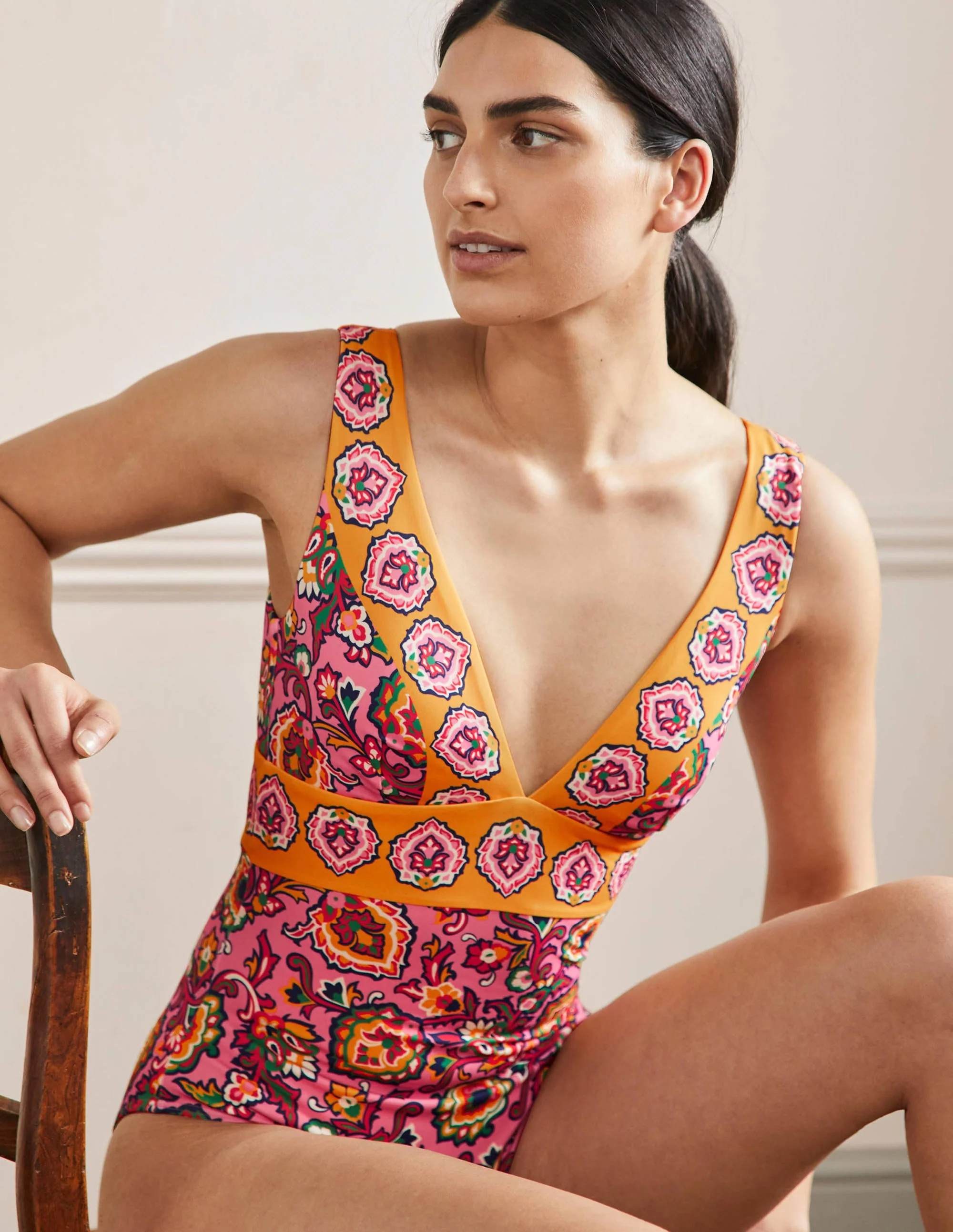 Porto V-neck Swimsuit-Azalea, Decorative Blooms - Image 4