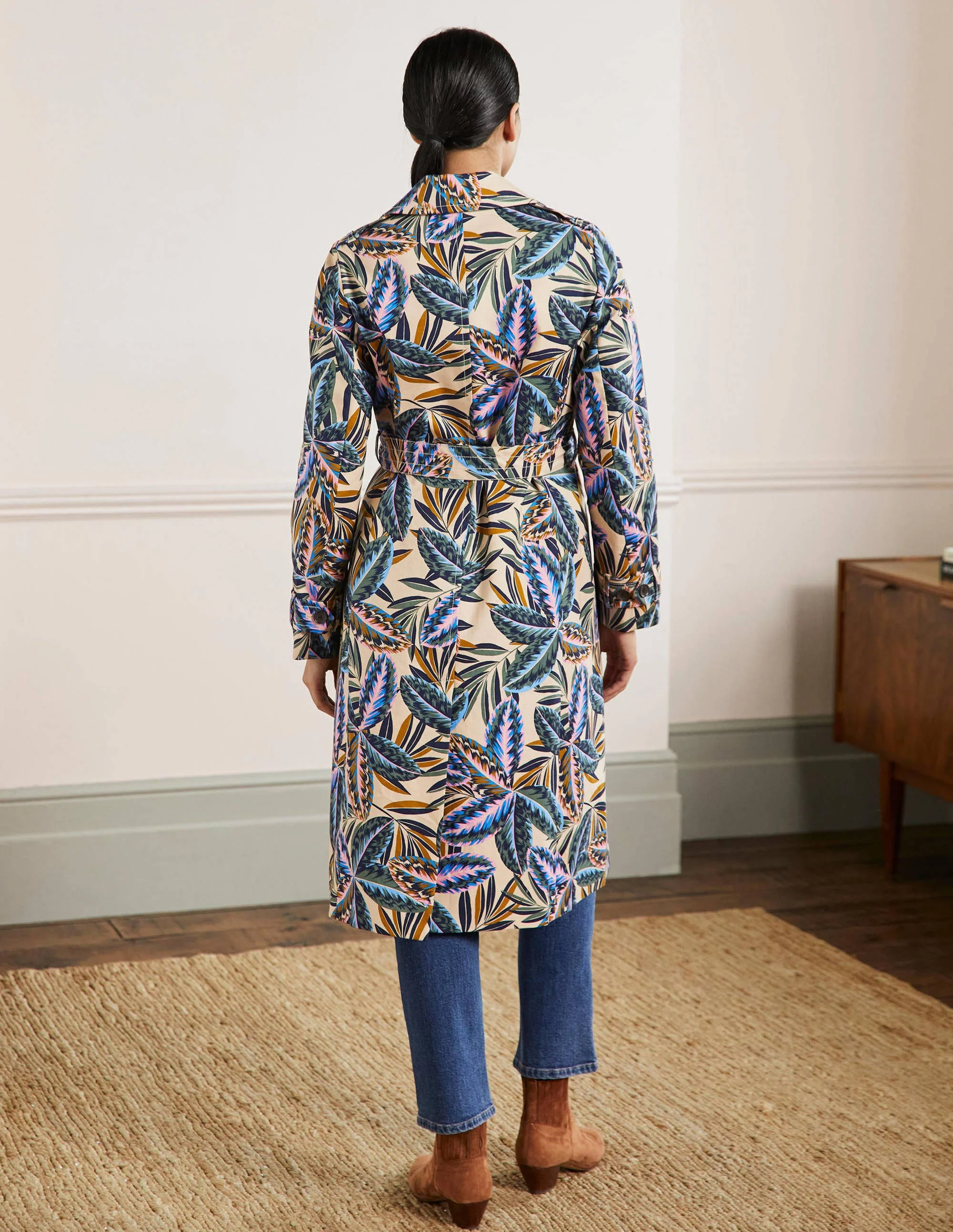 Printed Cotton Trench Coat-Rope, Exotic Leaves - Image 3