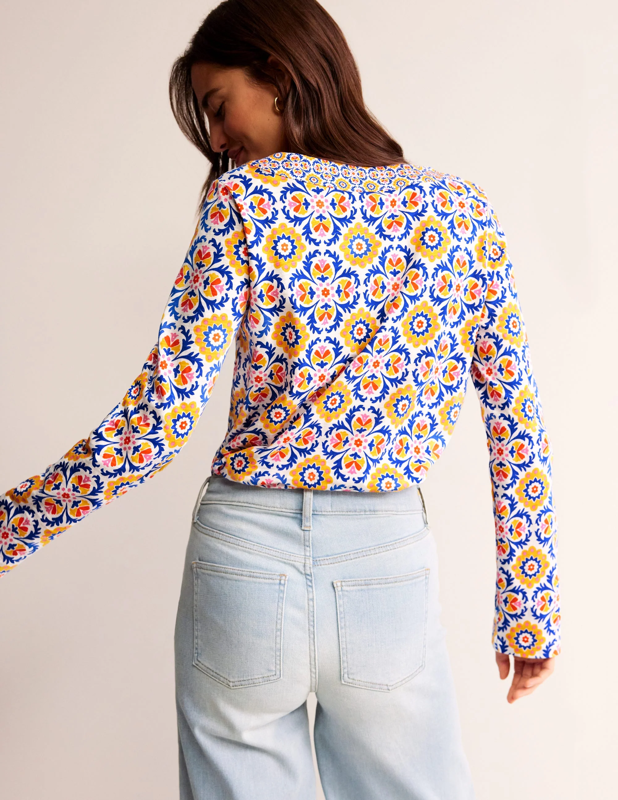 Printed Tie Neck Top-Artisans Gold, Mosaic Bloom - Image 3
