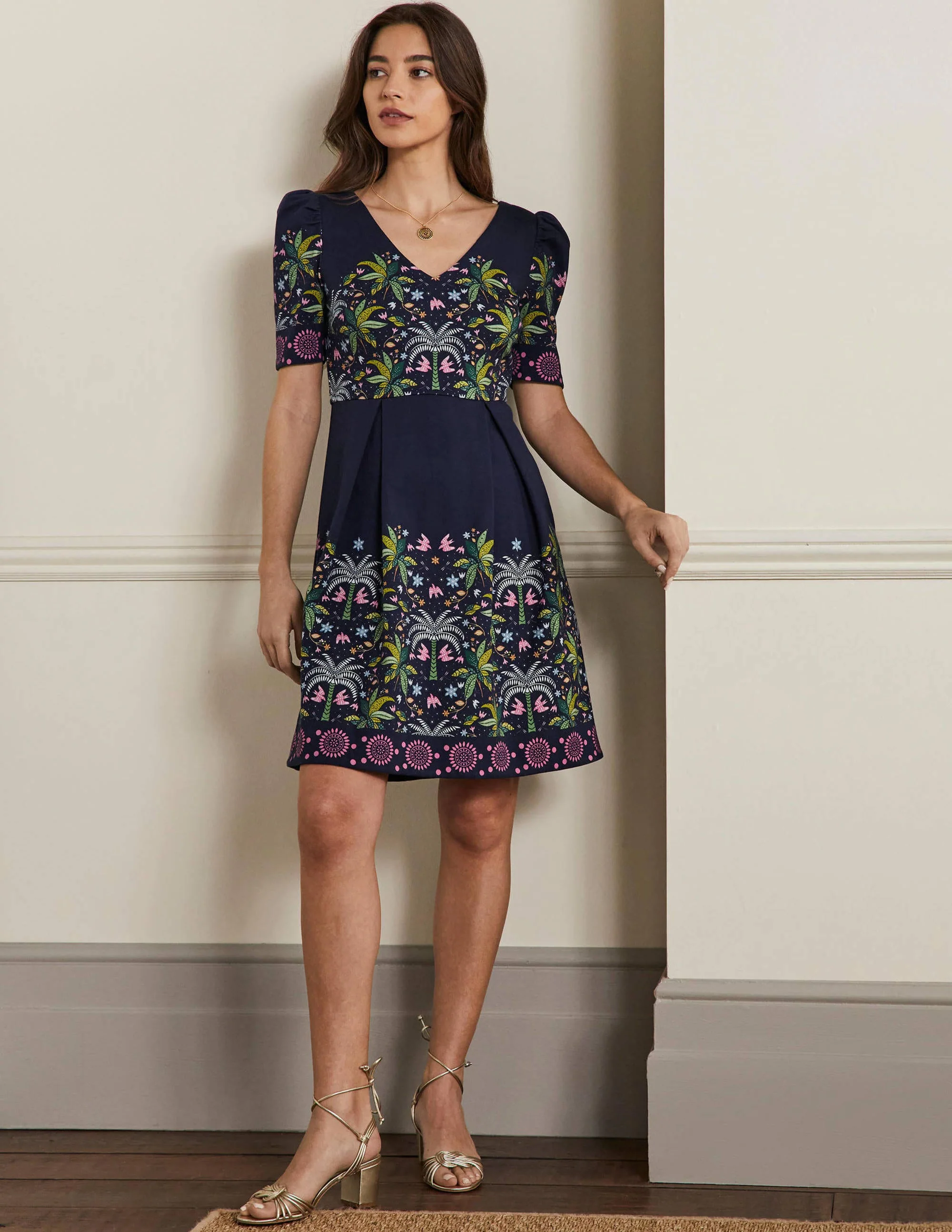 Puff Shoulder Jersey Dress-Navy, Oriental Palm - Image 4