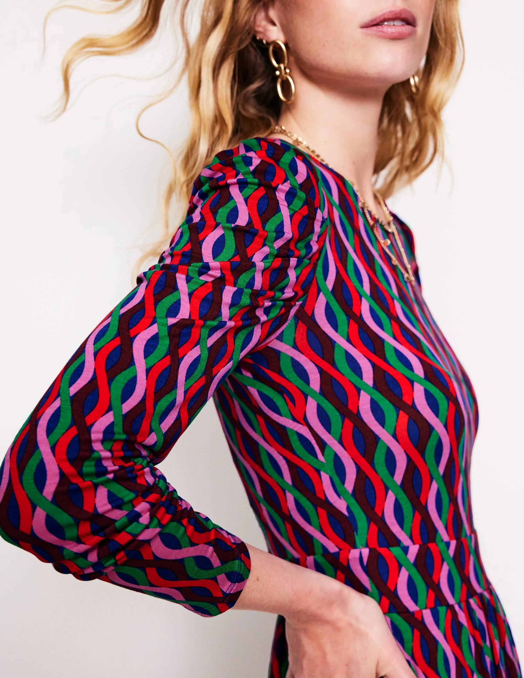 Puff Sleeve Blouson Dress-Pink, Trellis Wave - Image 3