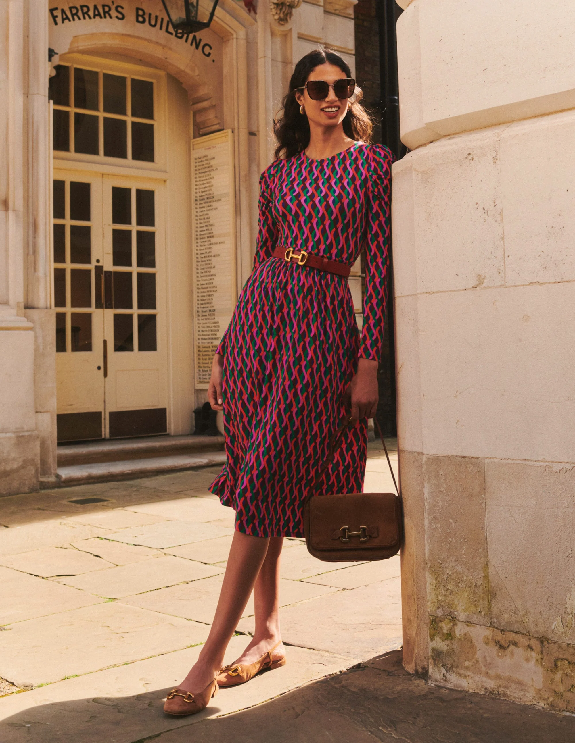 Puff Sleeve Blouson Dress-Pink, Trellis Wave - Image 5