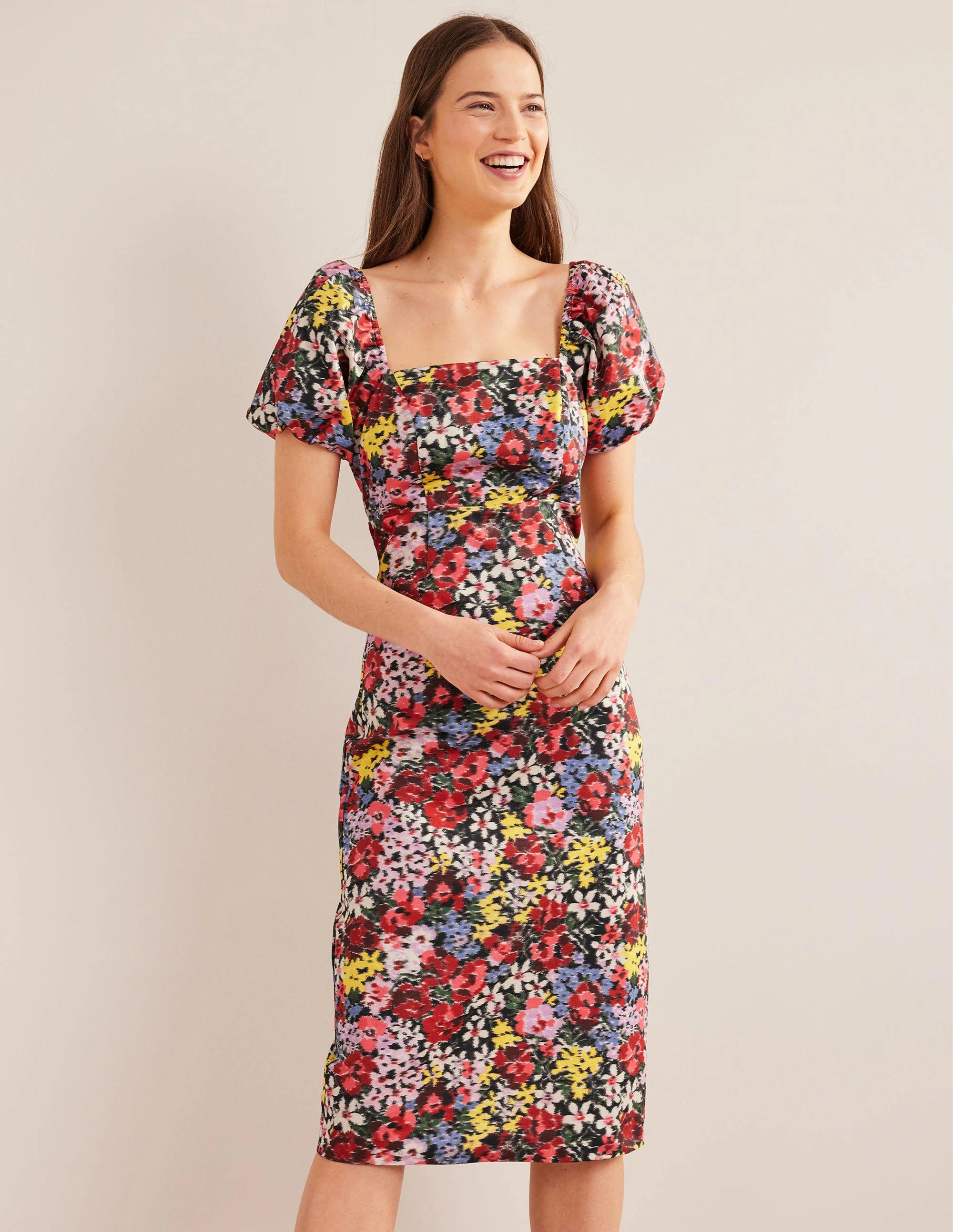 Puff Sleeve Column Midi Dress-Multi, Moire Bloom