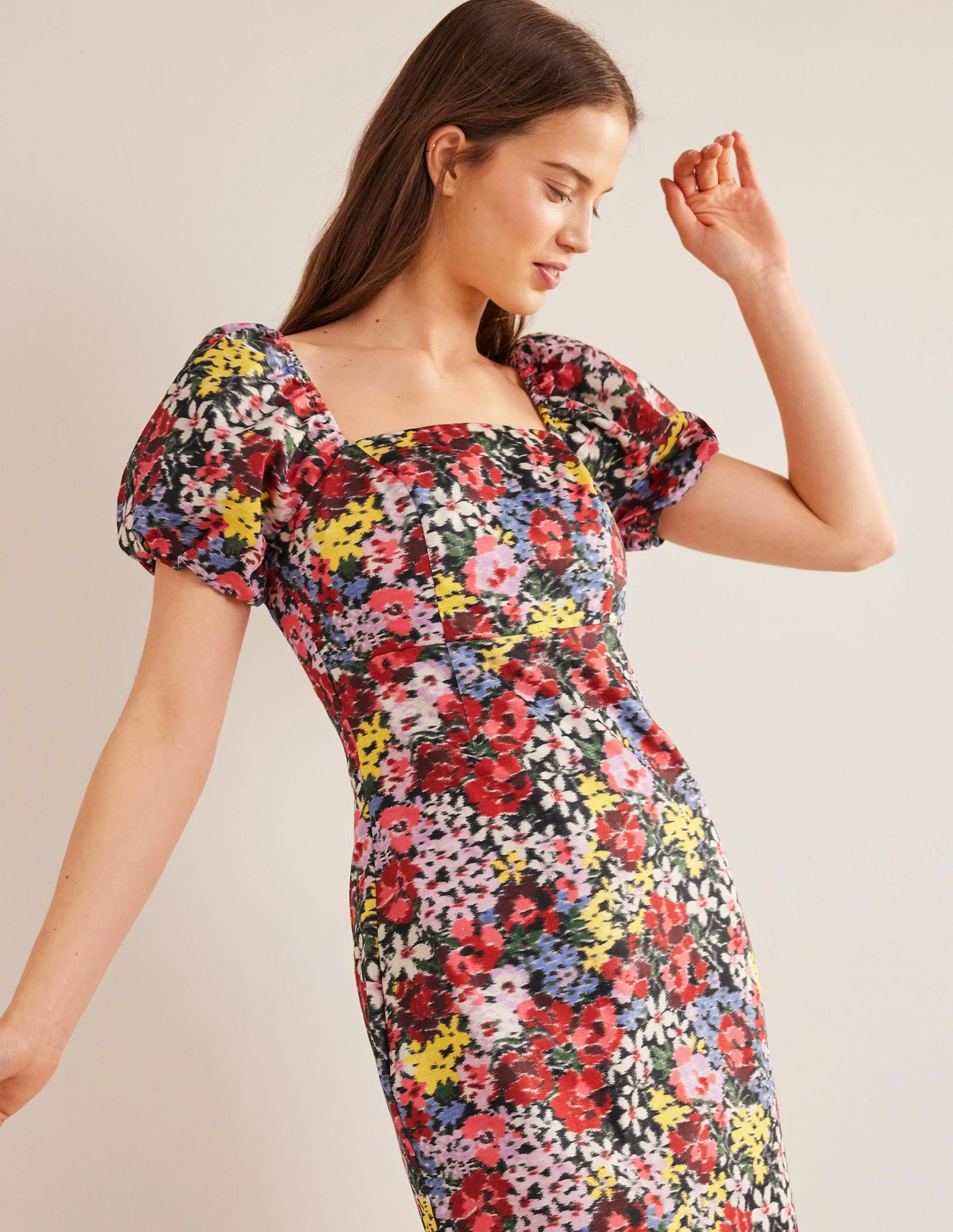 Puff Sleeve Column Midi Dress-Multi, Moire Bloom - Image 4