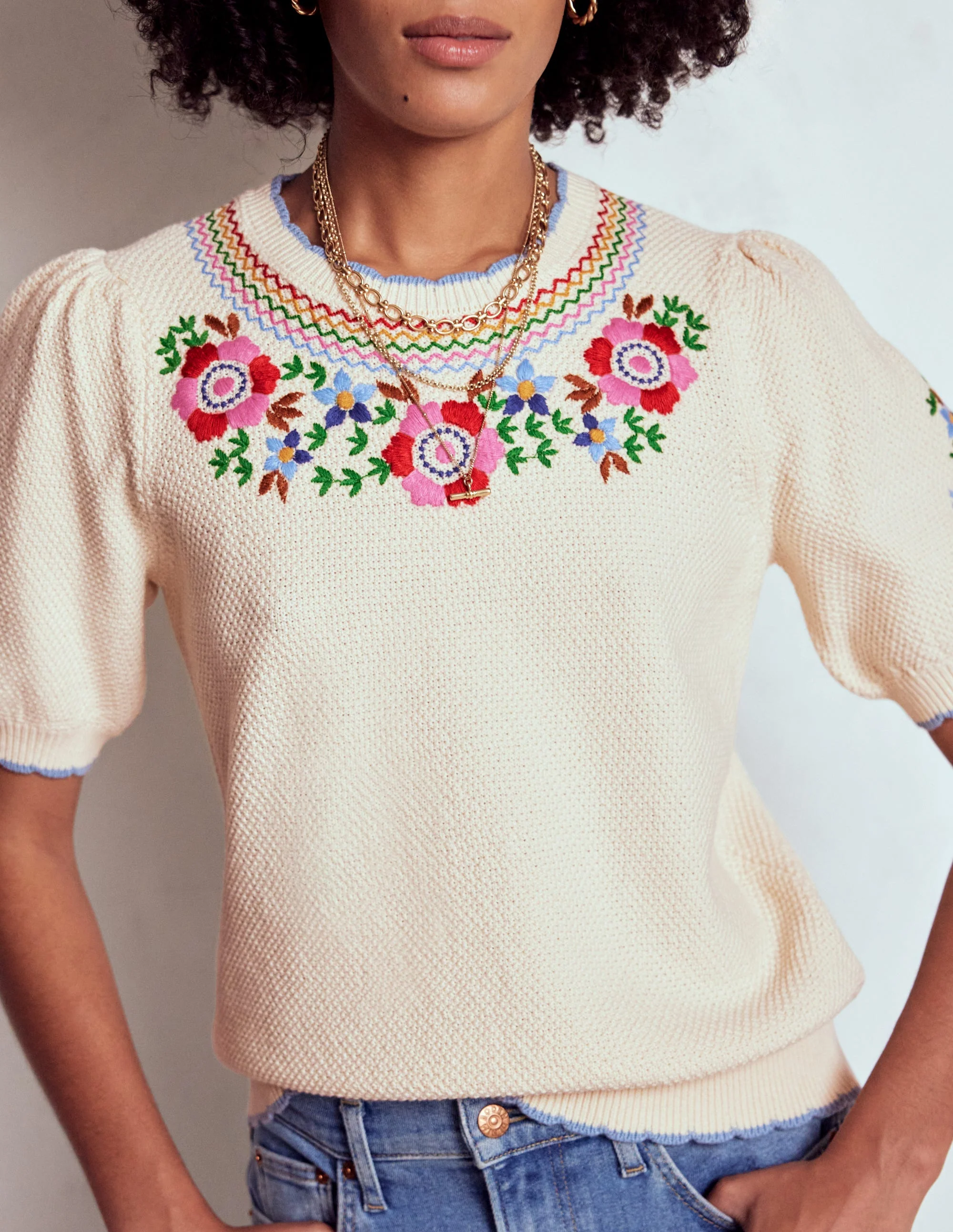 Puff Sleeve Embroidery T-shirt-Warm Ivory - Image 2