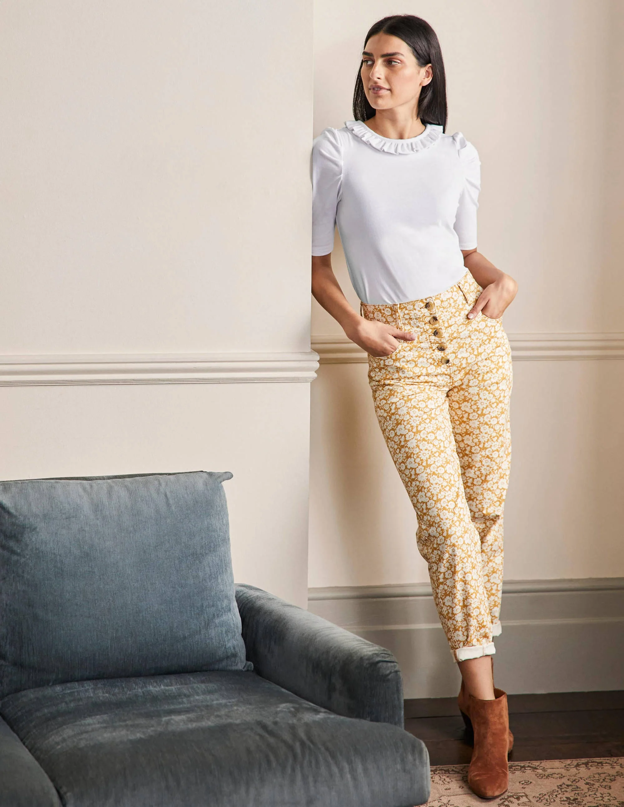 Puff Sleeve Frill Neck T-Shirt-White - Image 4