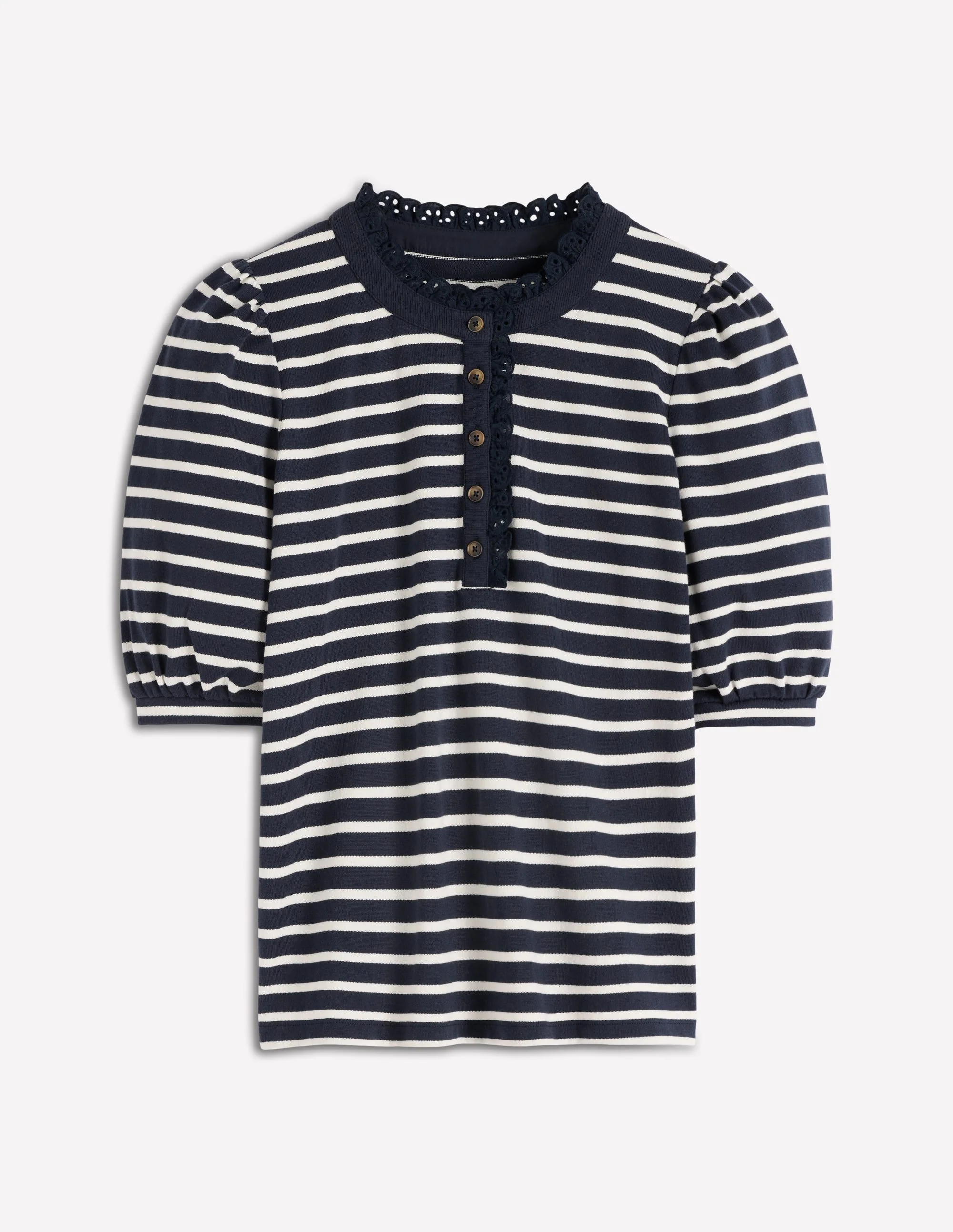Puff Sleeve Henley-Navy, Ivory Stripe - Image 4