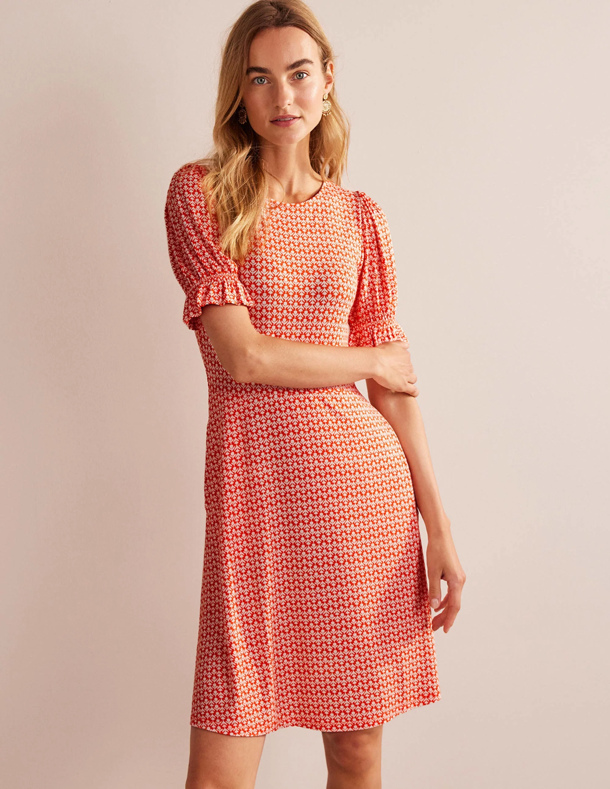 Puff Sleeve Jersey Mini Dress-Vermillion, Tulip Pop