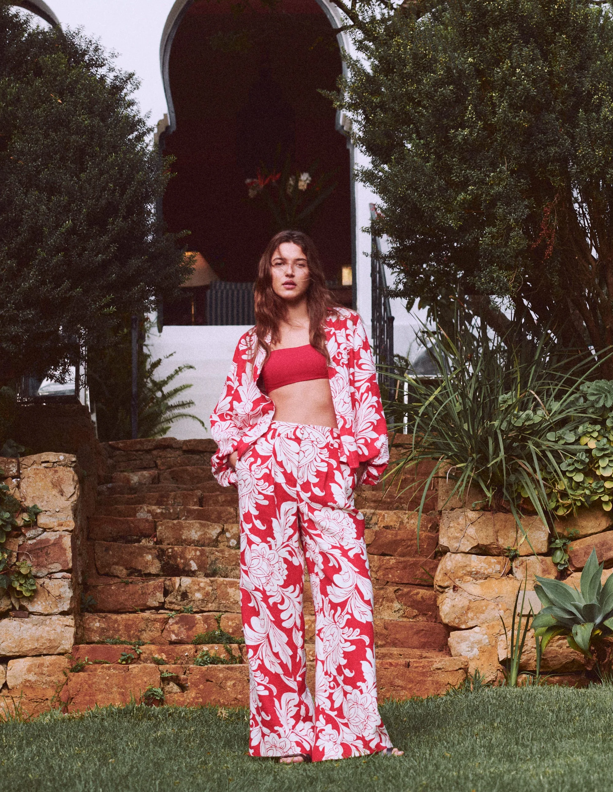 Puff Sleeve Linen Shirt-Merida Red, Botanical Flourish - Image 5
